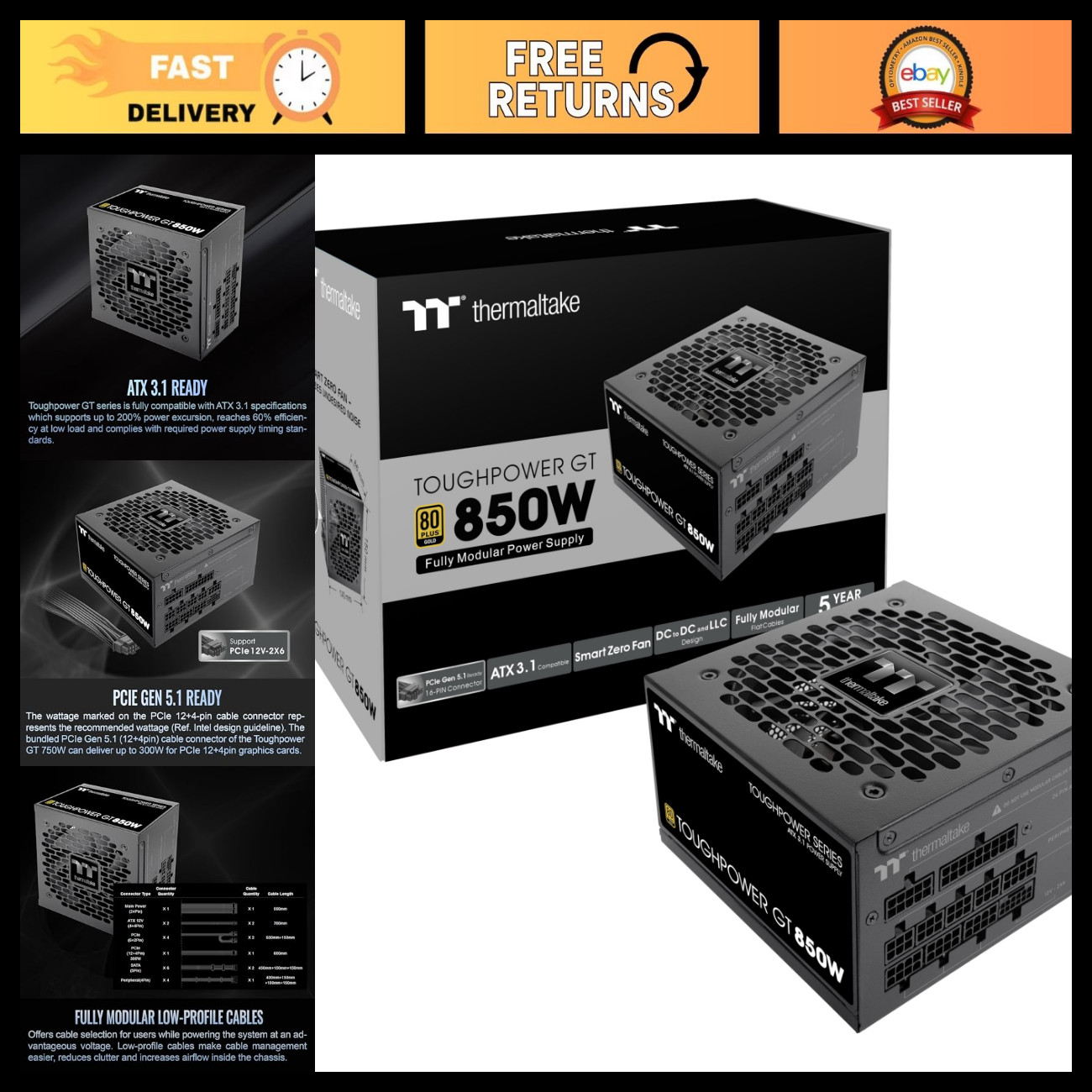 850W ATX Power Supply - 80 Plus Gold, Smart Zero Fan, PCIe 5.1 Connector, 5 Year