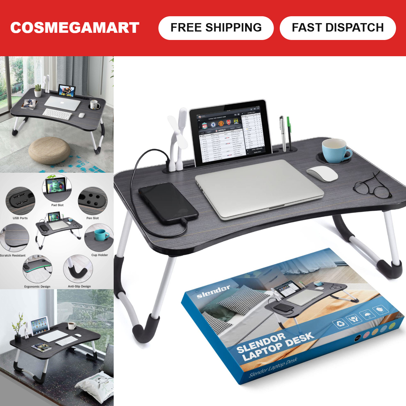 Foldable Lap Desk with Cup Holder - Portable Table for Bed, Couch, Floor Use