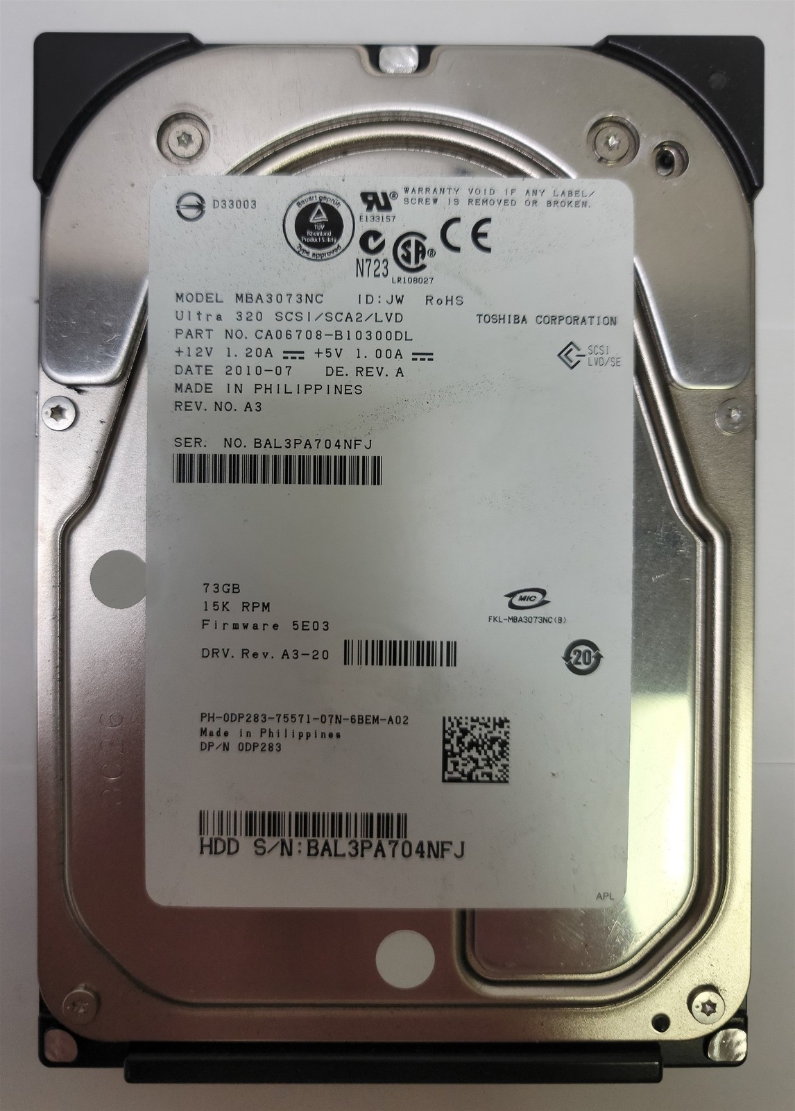 Toshiba MBA3073NC HDD, 3.5", 73GB , Ultra 320 SCSI , 80-Pin - Tested w/pics