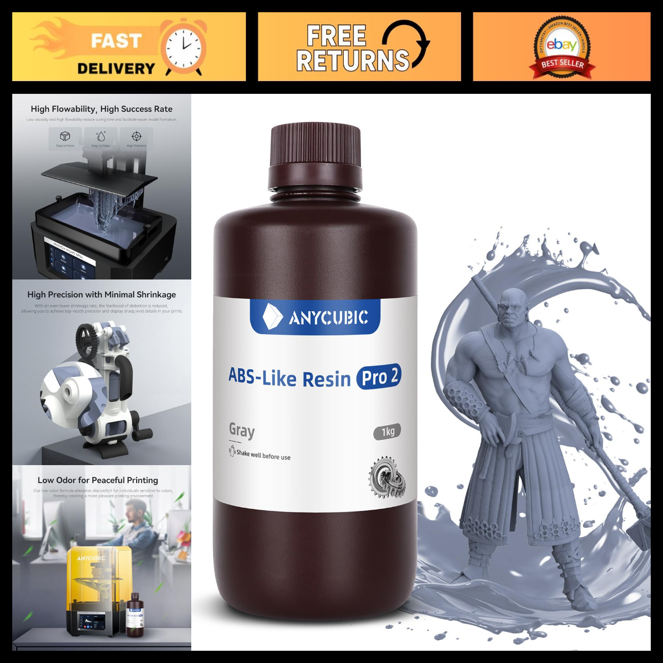 High Precision 8K ABS-Like 3D Printer Resin, Low Odor, Tough & Strong, 1kg Grey