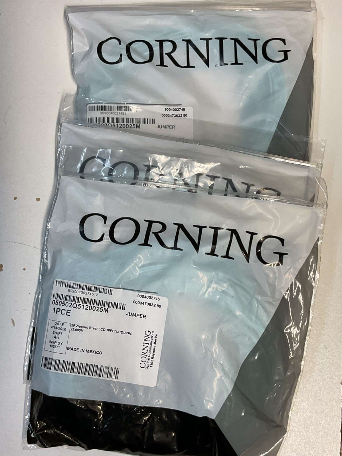 Lot Of 2 New Corning 25m 25 Meter LC-LC Duplex 50/125 OM4 100GB Fiber Cable Aqua