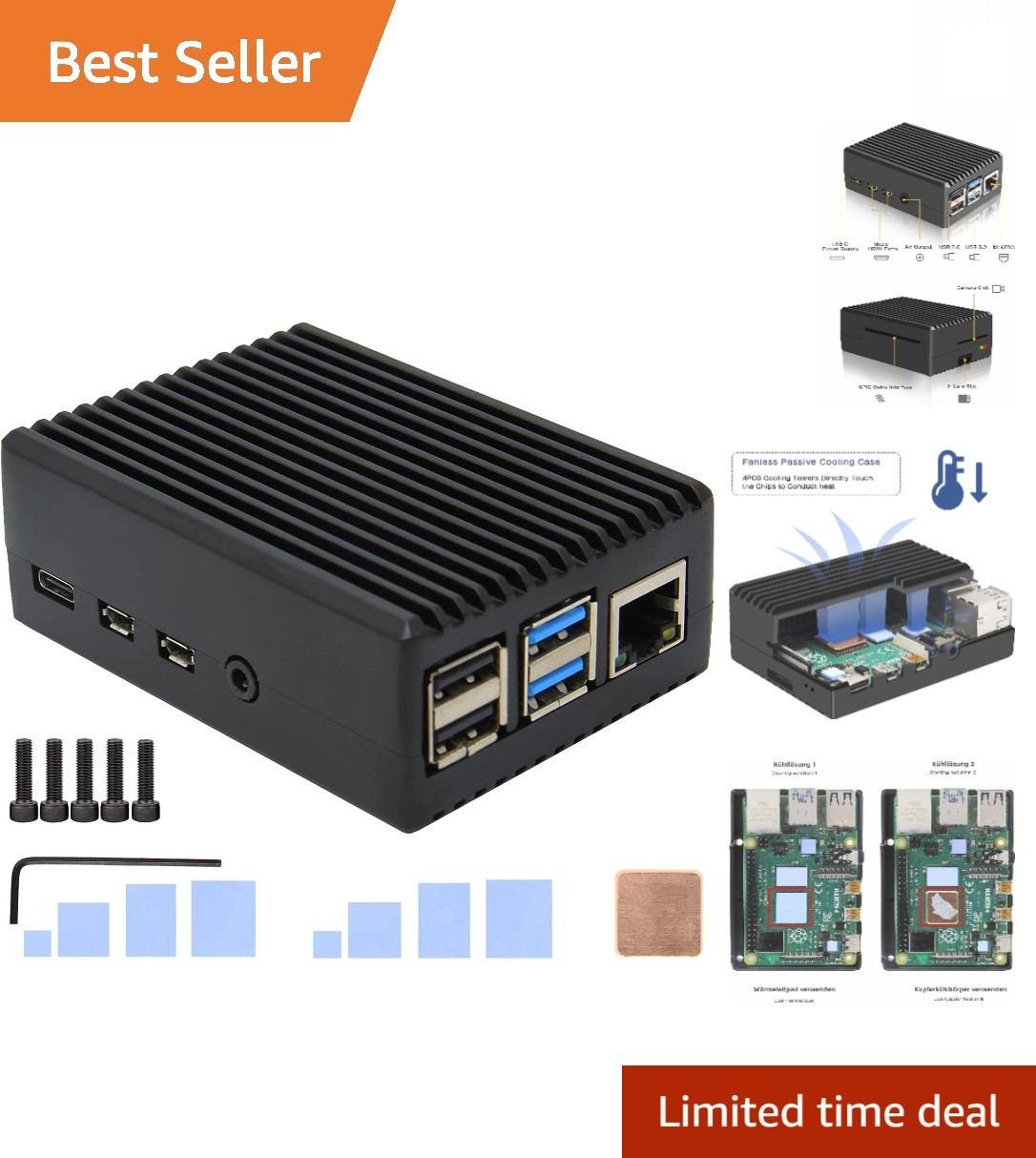 Elegant Passive Cooling Aluminum Enclosure for Raspberry Pi 4 - 4 USB Ports
