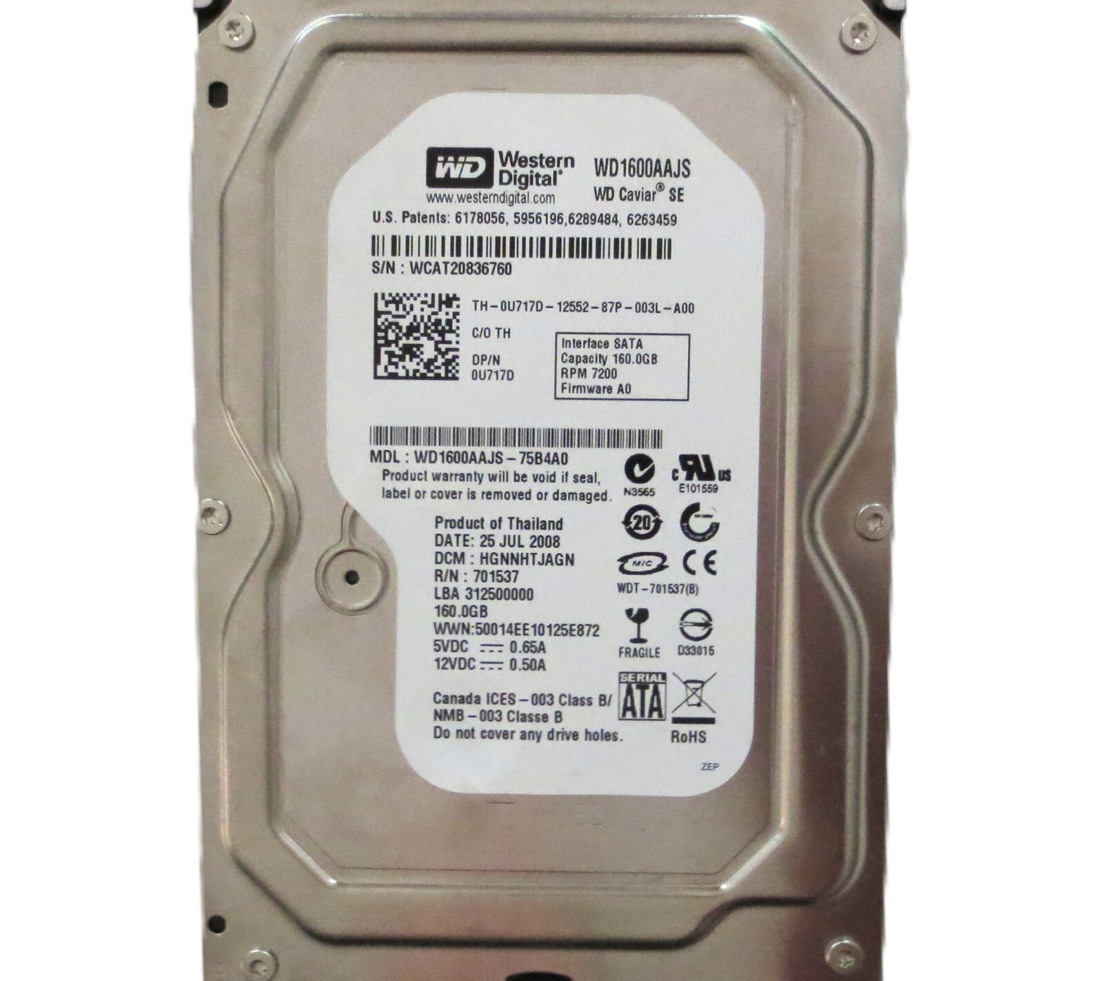 WD WD1600AAJS-75B4A0 HGNNHTJAGN (WCAT) Thailand 160gb Sata 3.5" HDD 25JUL2008