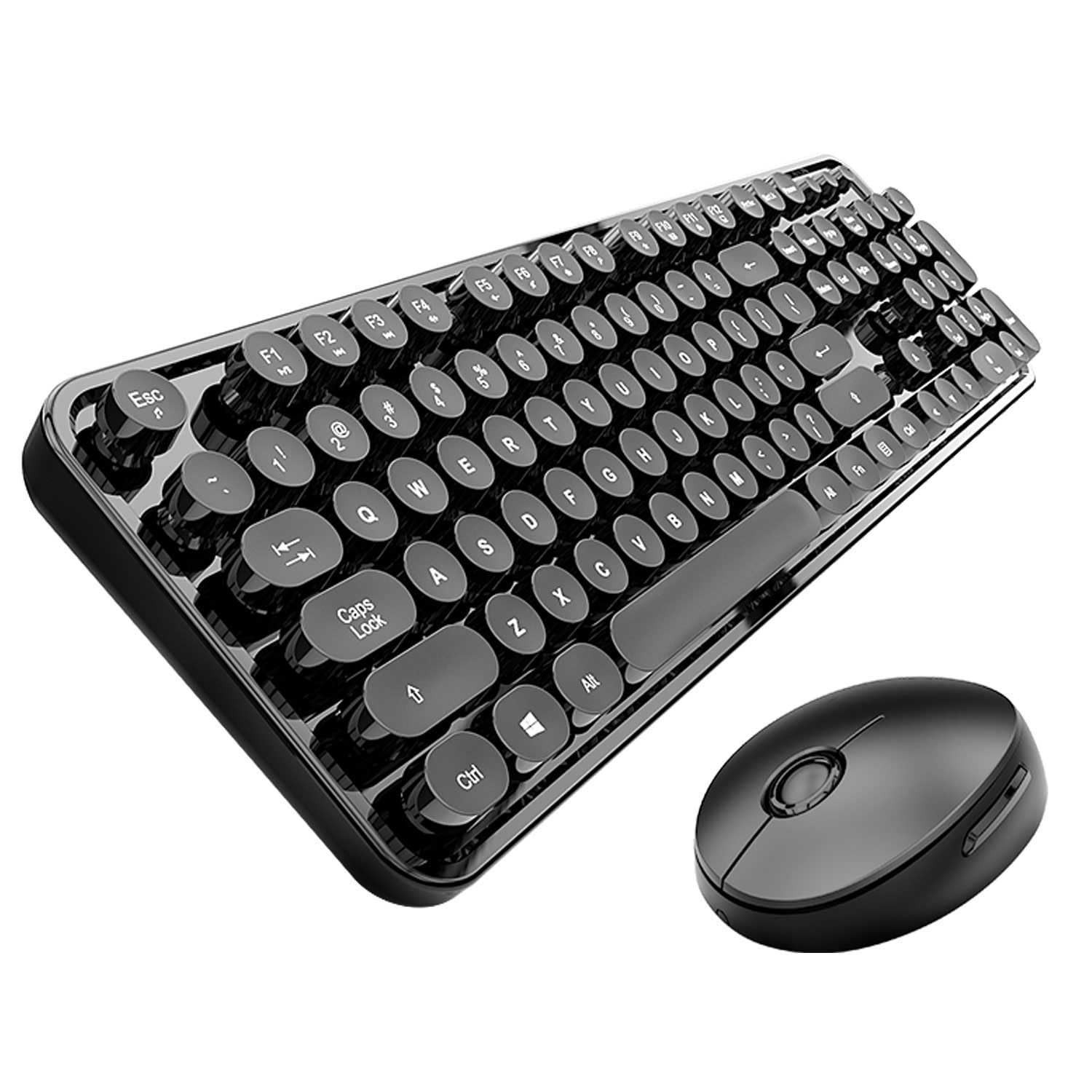 Wireless Keyboard and Mouse Combo, Retro Typewriter Style Keyboard with Round...