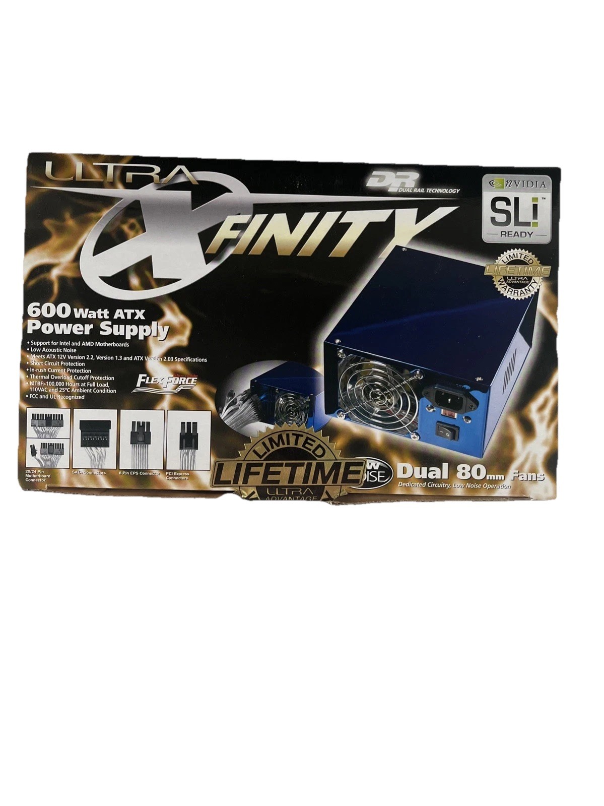 Ultra XFinity 600 Watt ATX Power Supply Dual 80mm Fan Nvidia Ski Ready