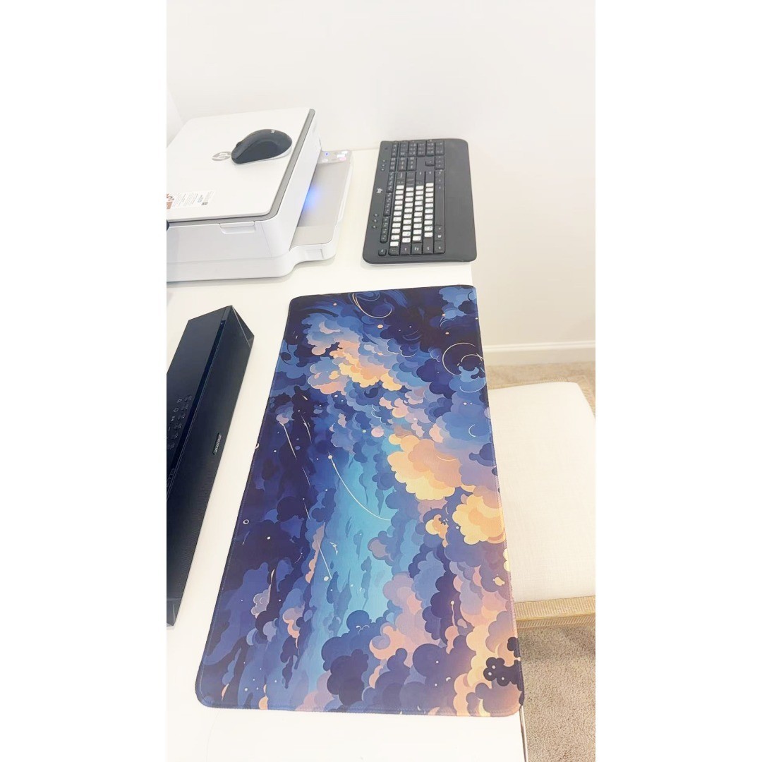 Starry Clouds Watercolor Desk Mat - Large Waterproof Mouse Pad for Gamers & Aest