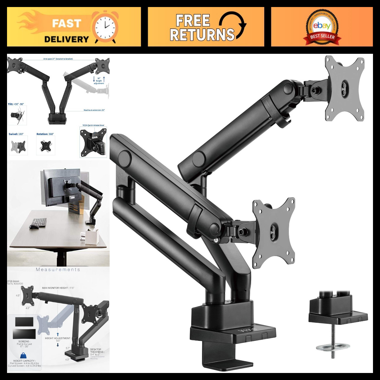 Premium Aluminum Dual Monitor Desk Mount, Full Motion Arm for Ultrawide Screens