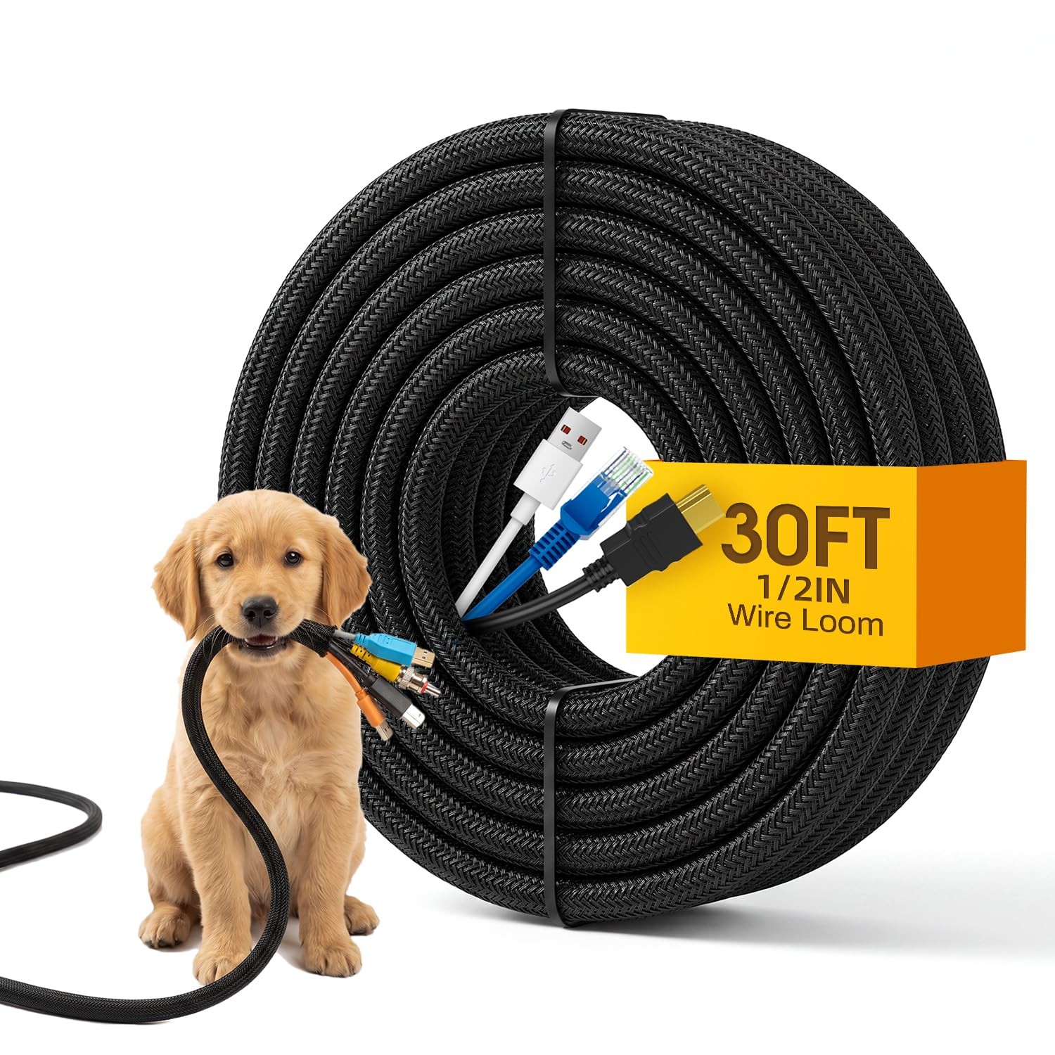 30ft Wire Loom Automotive, 1/2in Cord Protectors from Pets no Chew, Black