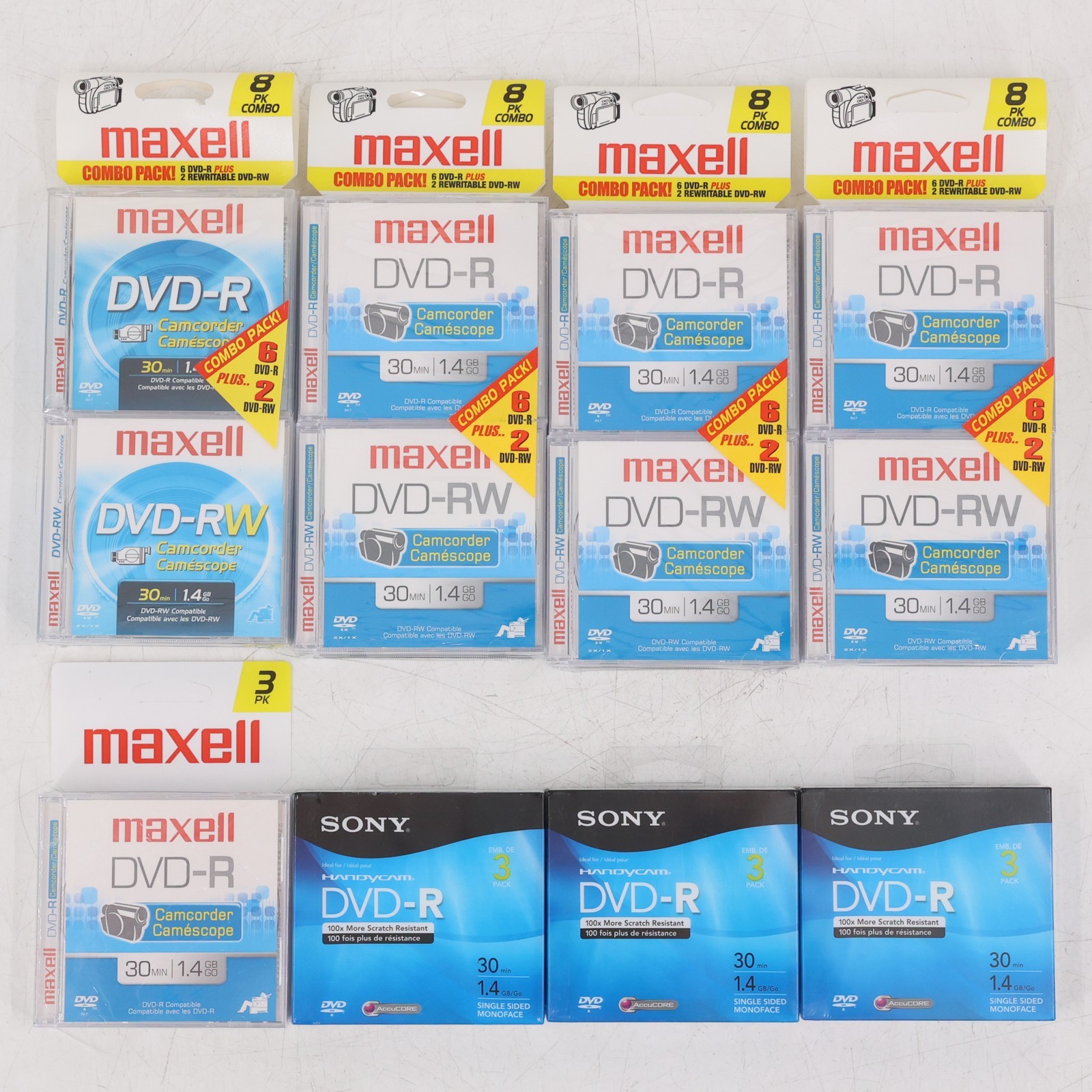 Lot 4x Maxell Combo 8pk, Maxell 3pk DVD-R, 3x Sony Handycam Mini DVD Discs