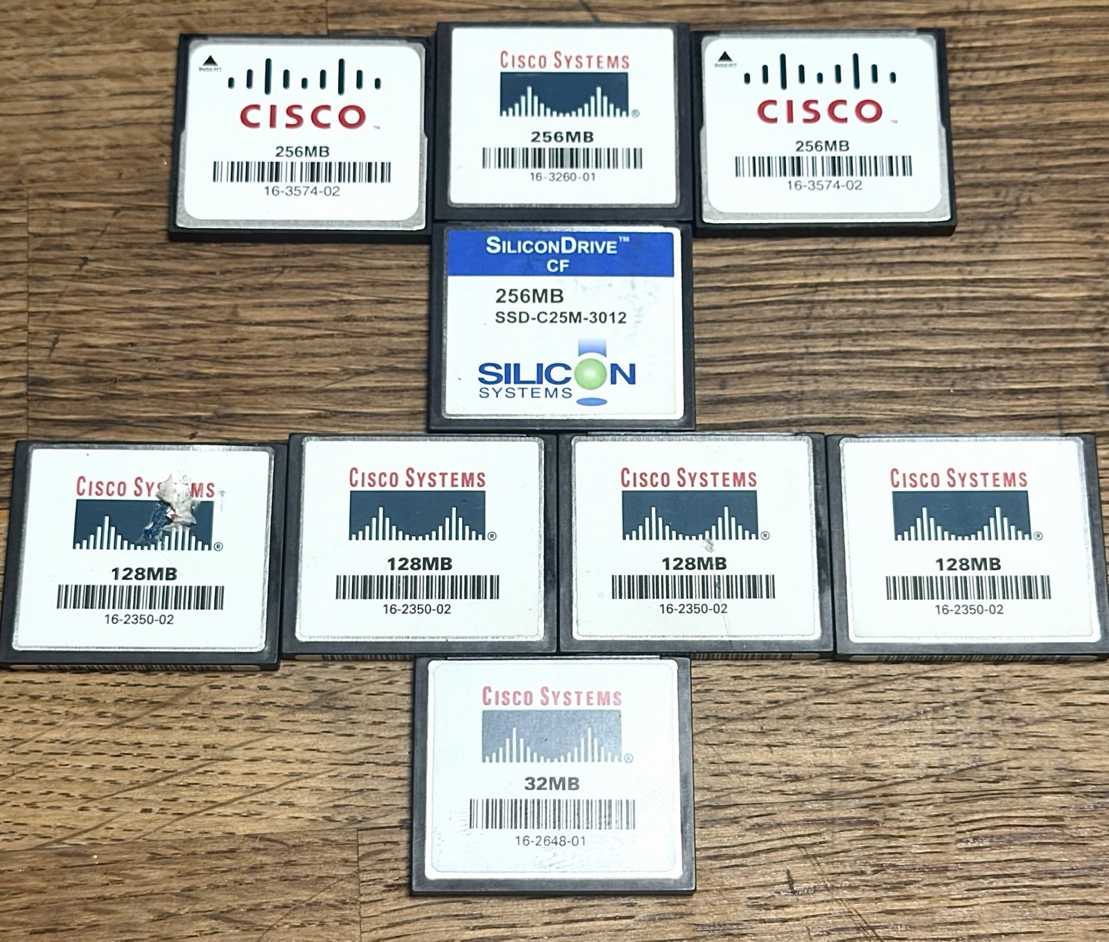 LOT OF 9 CISCO 256mb, 128mb, & 32mb Compact Flash Memory Cards