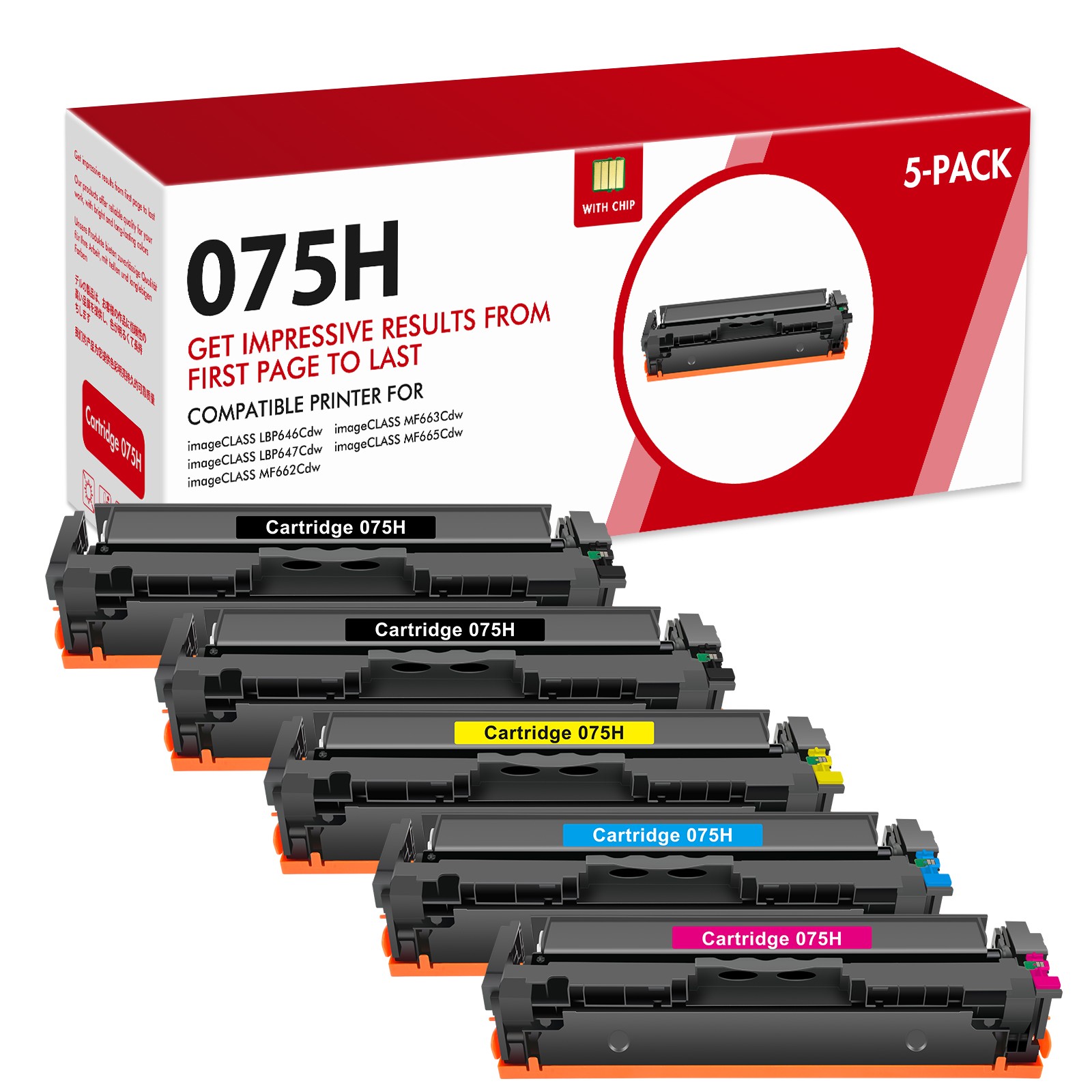 5Pack 075H High Capacity Toner Cartridge for Canon ImageCLASS LBP646Cdw MF665CDW