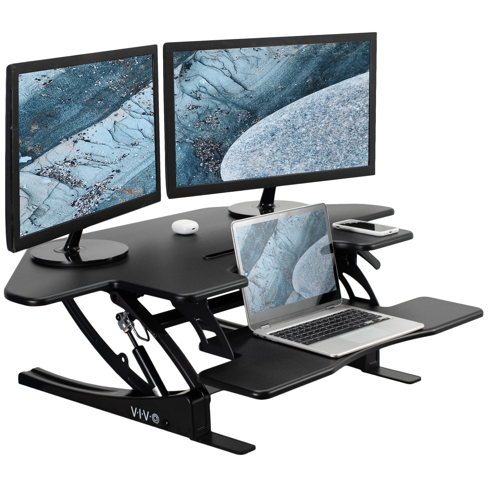 VIVO Black Corner Height Adjustable Cubicle Sit to Standing Tabletop Desk Riser