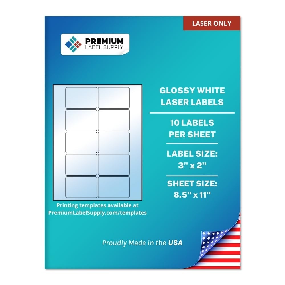 Premium Label Supply Glossy White Sticker Labels - 3"x2" - Laser Printer - 250 P