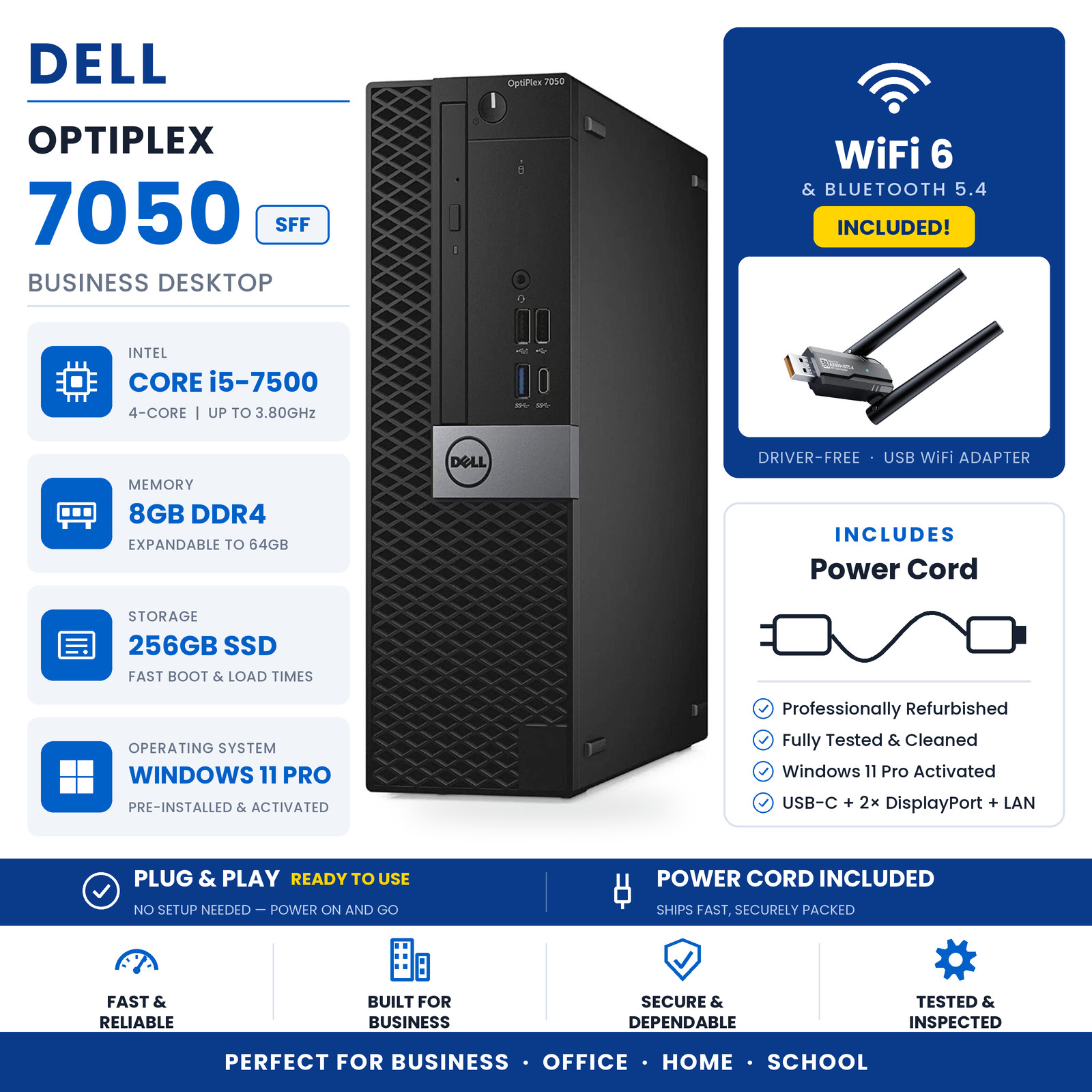 Dell OptiPlex 7050 SFF Desktop i5-7500 8GB 256GB SSD Win11 Pro WiFi 6 Bluetooth