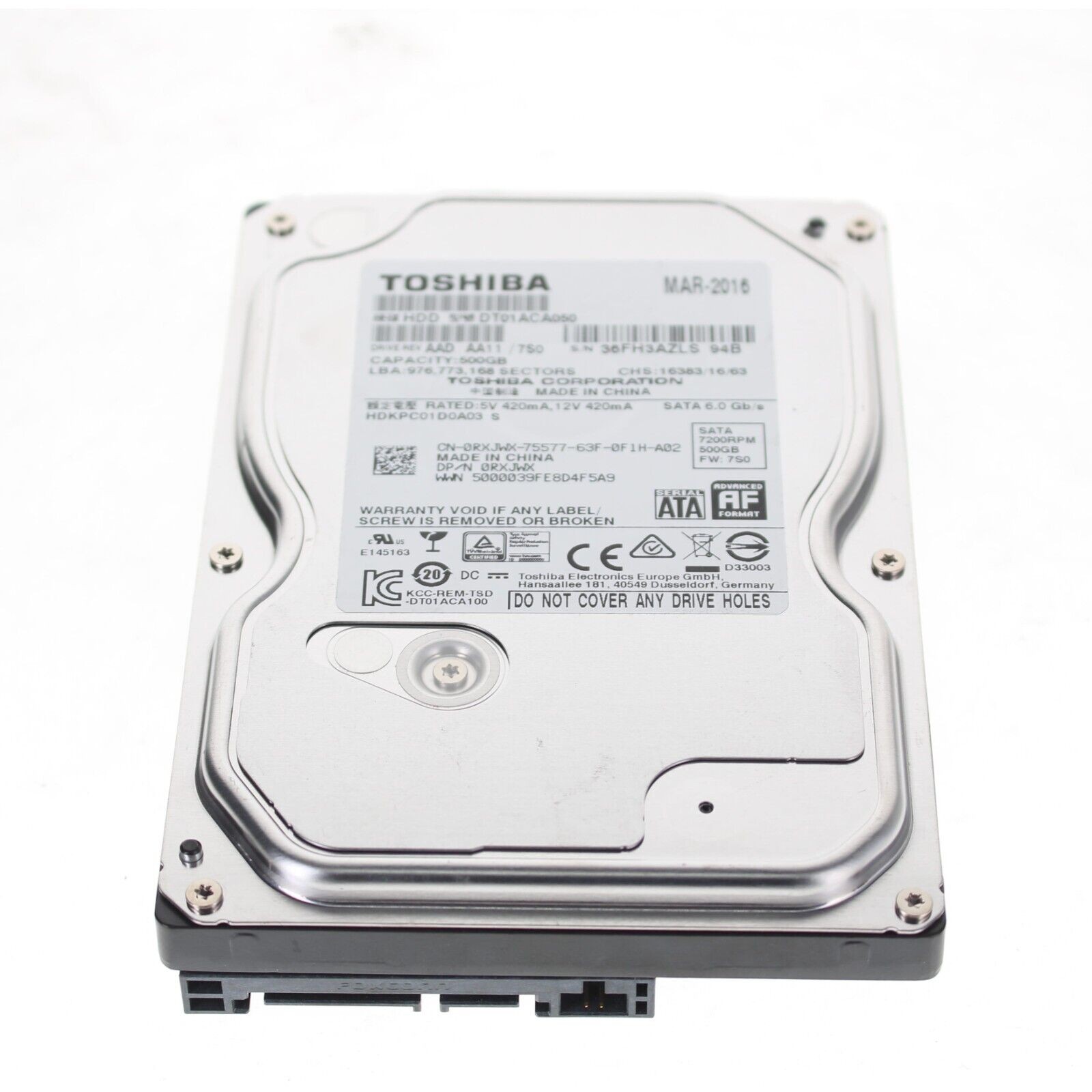 Dell RXJWX Toshiba 500GB SATA 7200RPM 6GBPS 3.5" Hard Drive DT01ACA050 w60