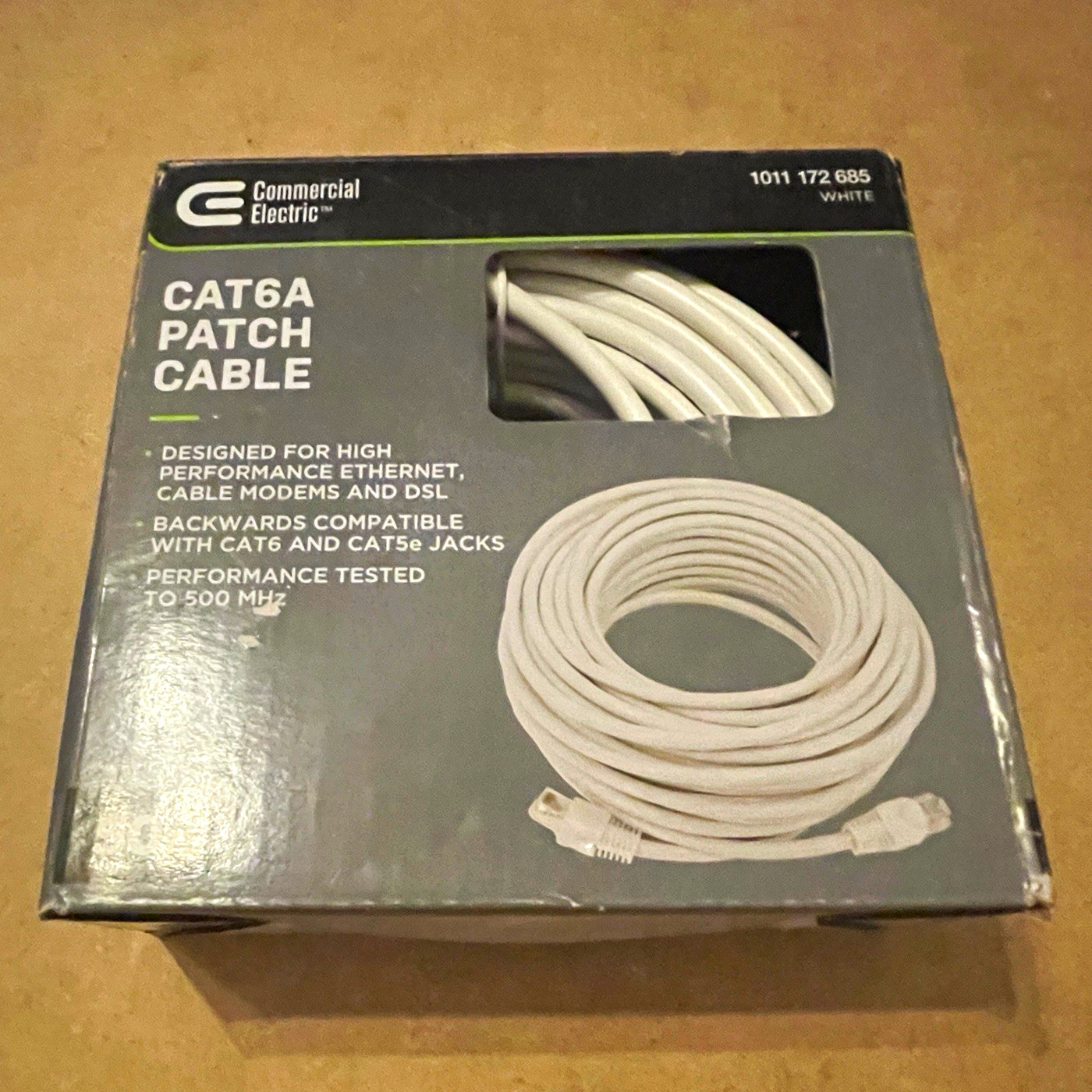 Commercial Electric CAT6A Ethernet Patch Cable 50 Ft White 500MHz 5650-WH-VN