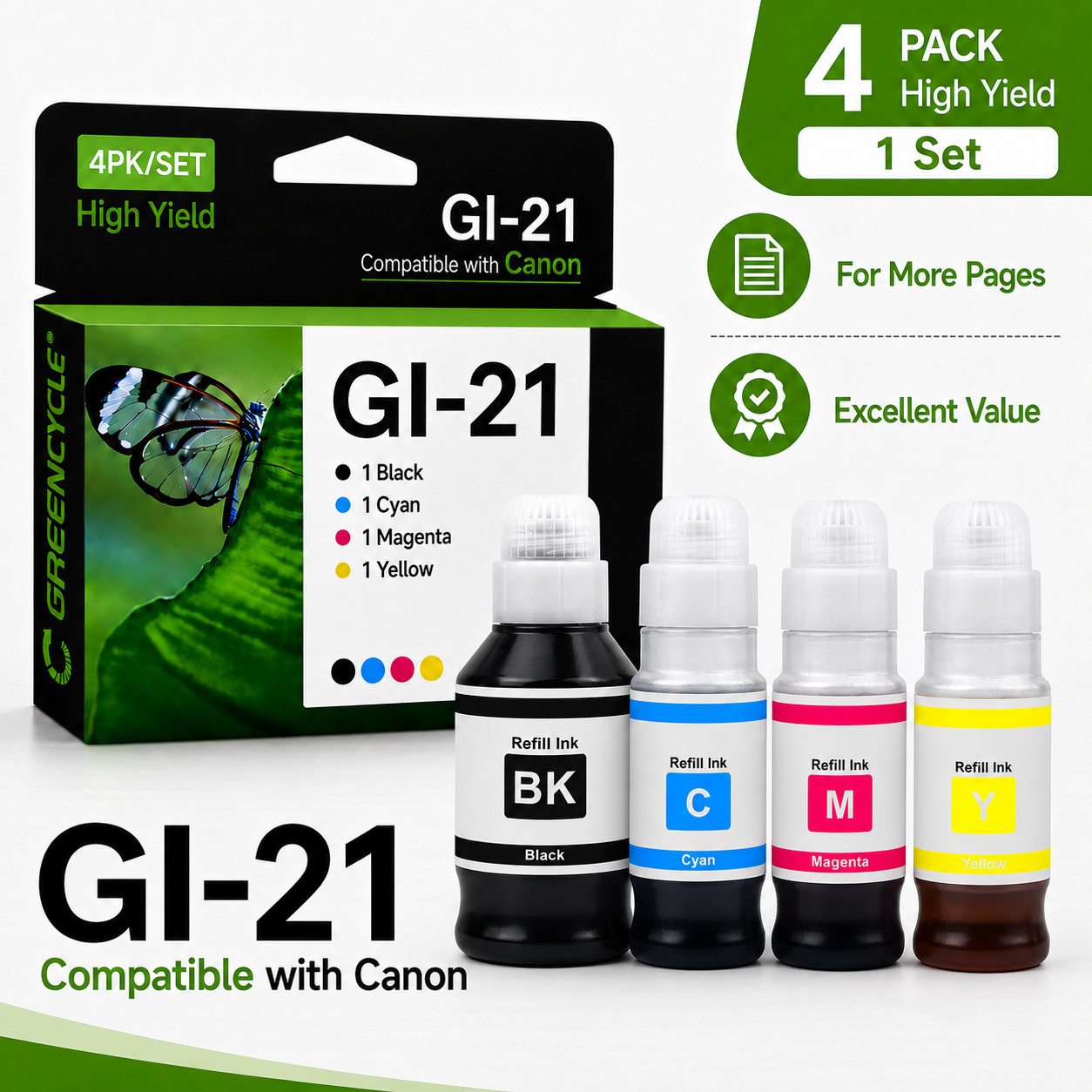 1 Set 4PK Compatible GI21 Ink Bottles for Canon PIXMA G3270 G4280 G4270 G1220