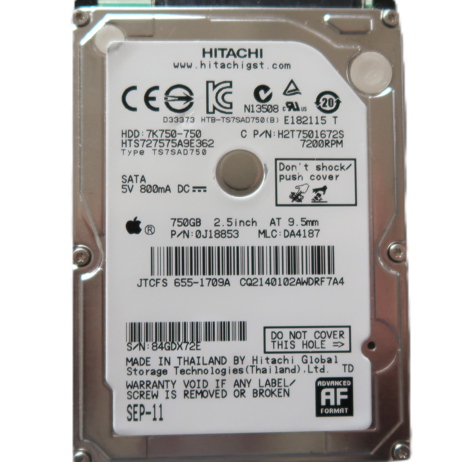 Hitachi HTS727575A9E362 0J18853 DA4187 (84G) Thailand 2.5" 750gb Sata HDD SEP-11