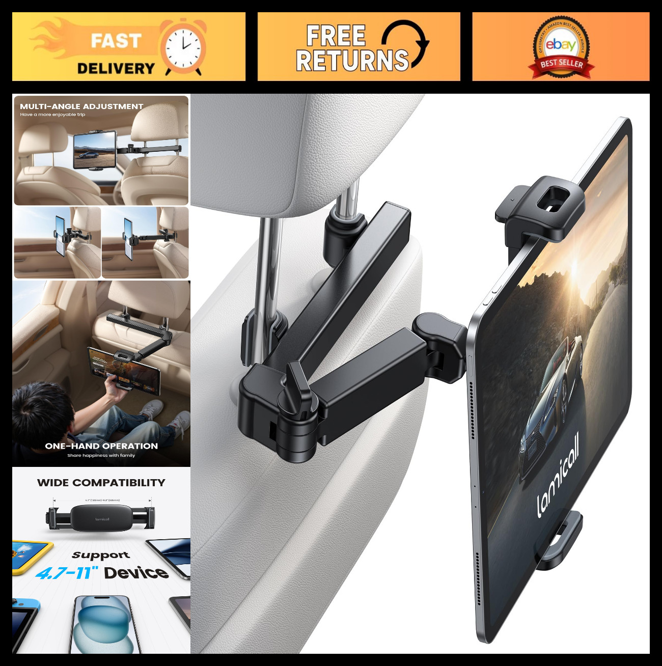 Adjustable 3-in-1 Car Headrest Tablet Holder, Universal Fit, Easy Install, Secur