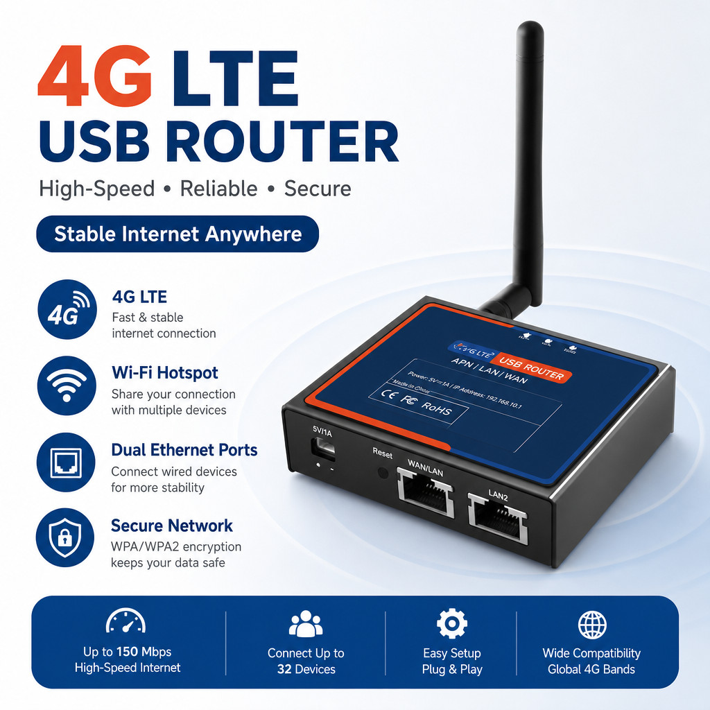 LTE Cat.1 Mini Industrial Cellular Router, Global 4G LTE, Dual LAN/WAN