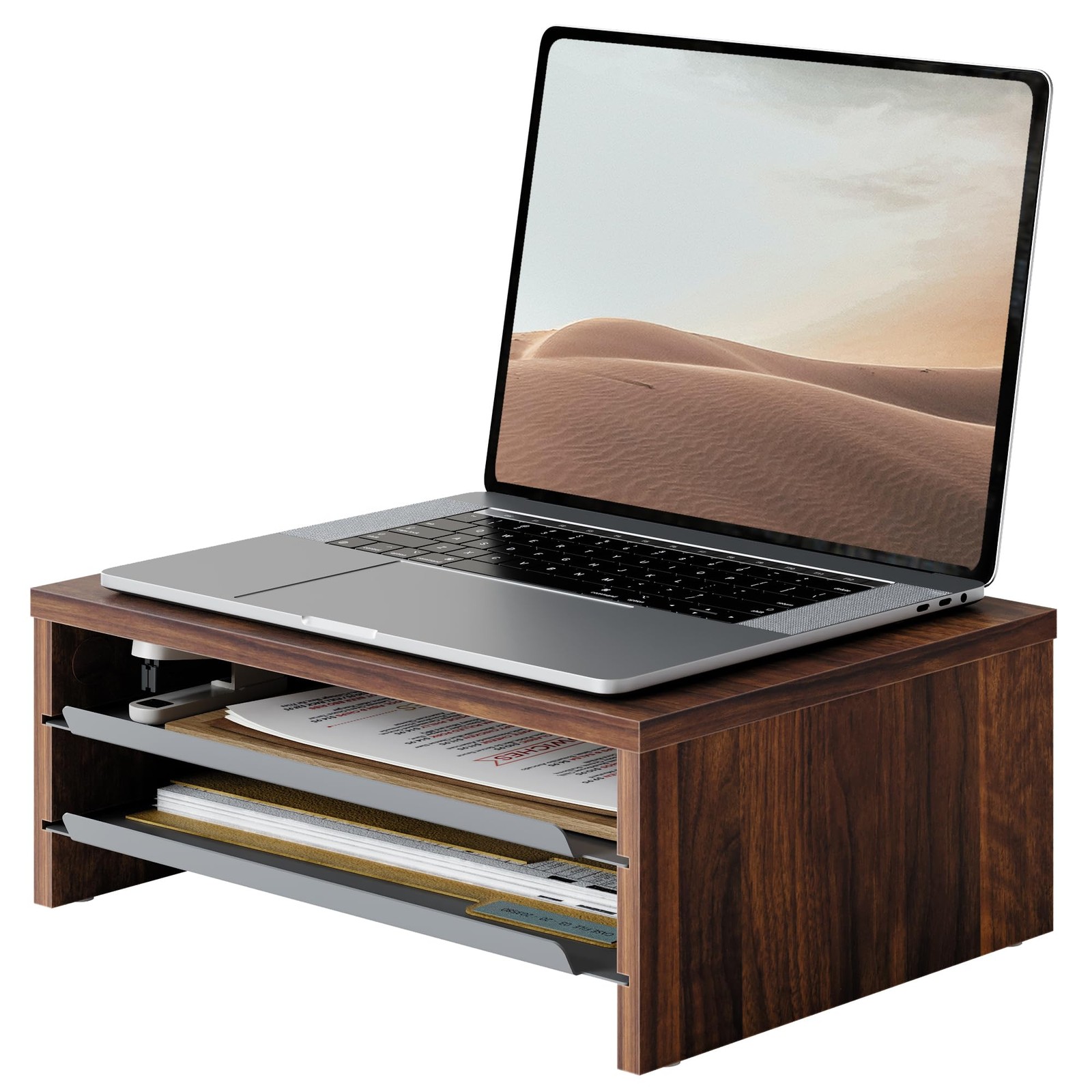 3Tier Monitor Stand Riser SlideOut Tray Wooden Metal Desktop Organizer