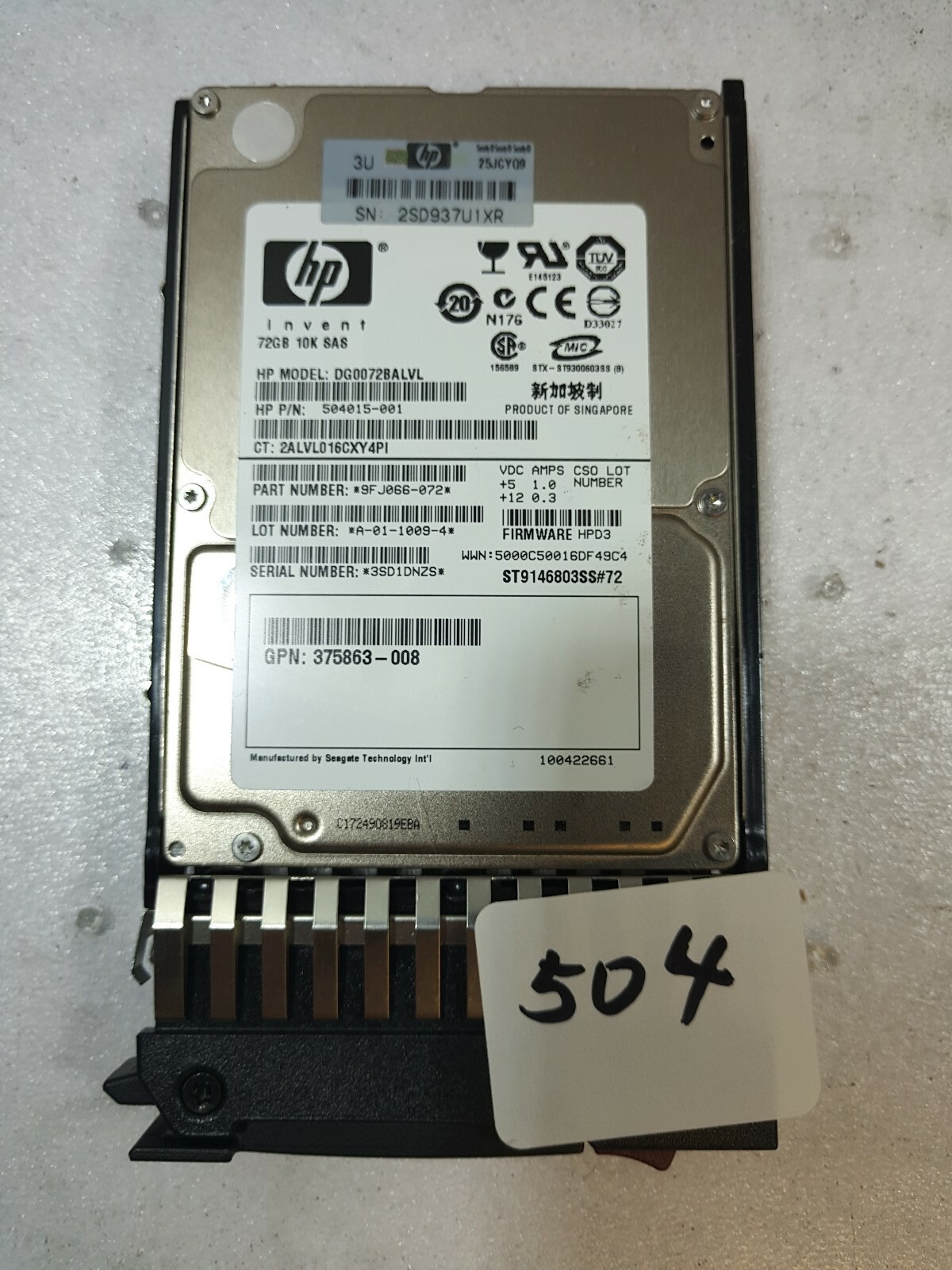 - HP DG0072BALVL 73GB 10K 2.5" SAS Server Hard Drive PN:504015-001 / 375863-008