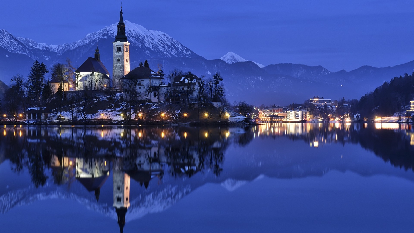 Landscape lake bled reflection mountains city lights Custom Gaming Mat Desk