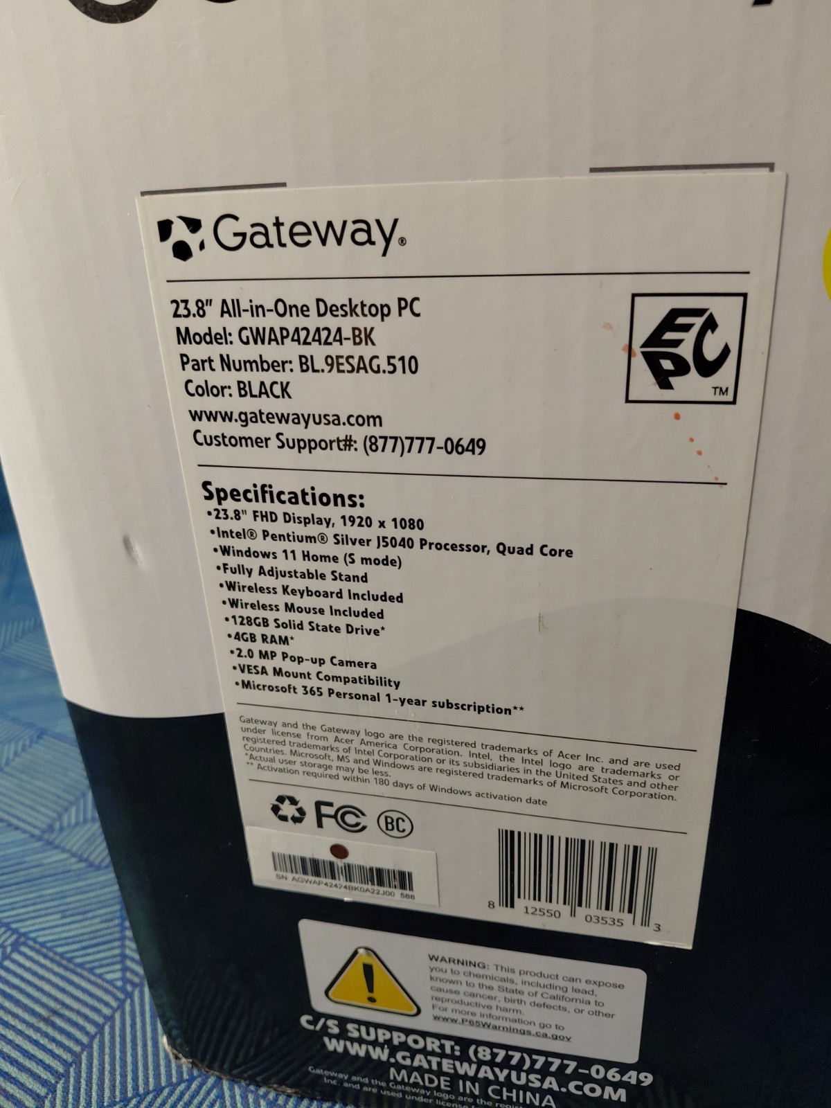 Gateway 23.8" (128GB SSD, Intel Pentium Silver J5040, 3.20 GHz, 4GB) All-in-One