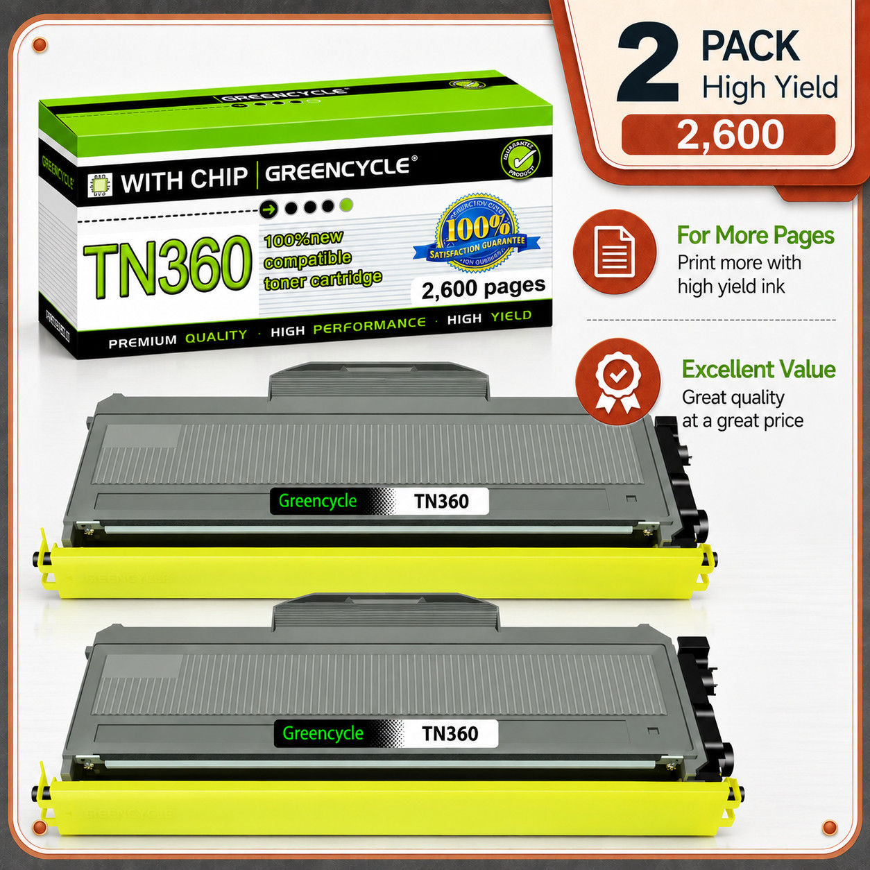 2PK TN360 TN-360 Toner Cartridge For Brother HL-2140 HL-2150N HL-2170W MFC-7320