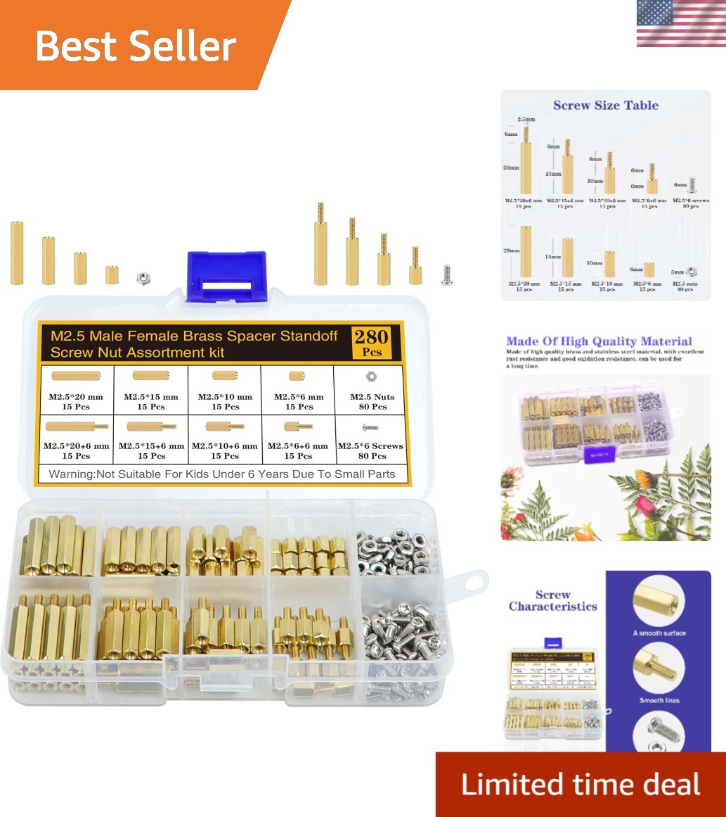 Precision M2.5 Standoffs, Screws & Nuts Kit - 280 Brass Pieces for Electronics