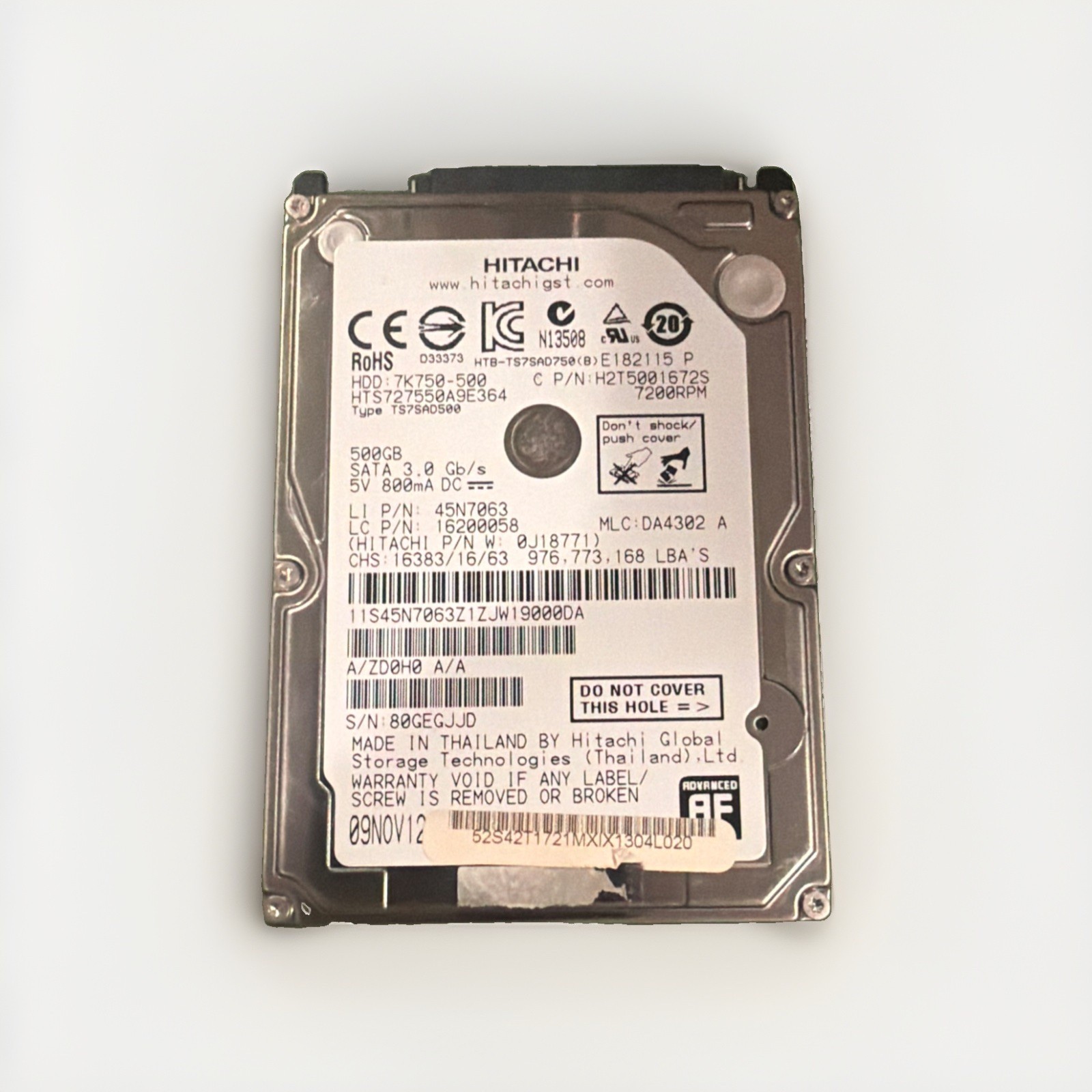 Hitachi 7K750-500 HTS727550A9E364 500GB SATA II 2.5" Hard Drive 654835-001