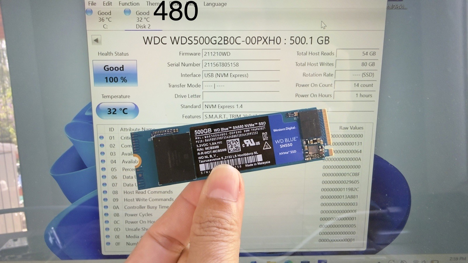 WD Blue SN550 500GB M.2 2280 NVMe  WDS500G2B0C-00PXH0 health 100% usage 1 hour