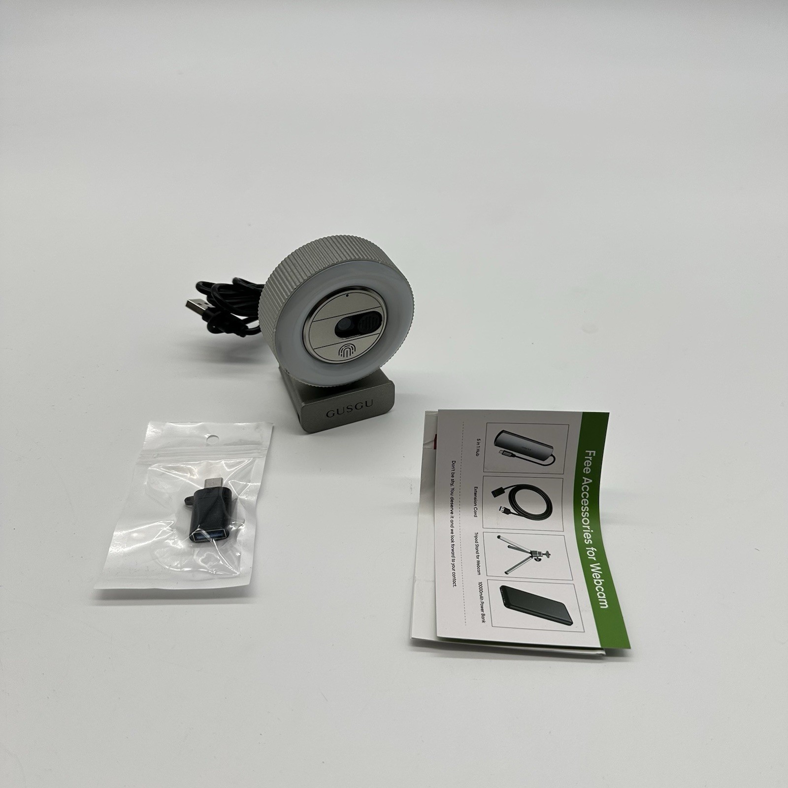 GUSGU G910 2K QHD Webcam w/ Ring Light Privacy Cover USB Adapter & Box