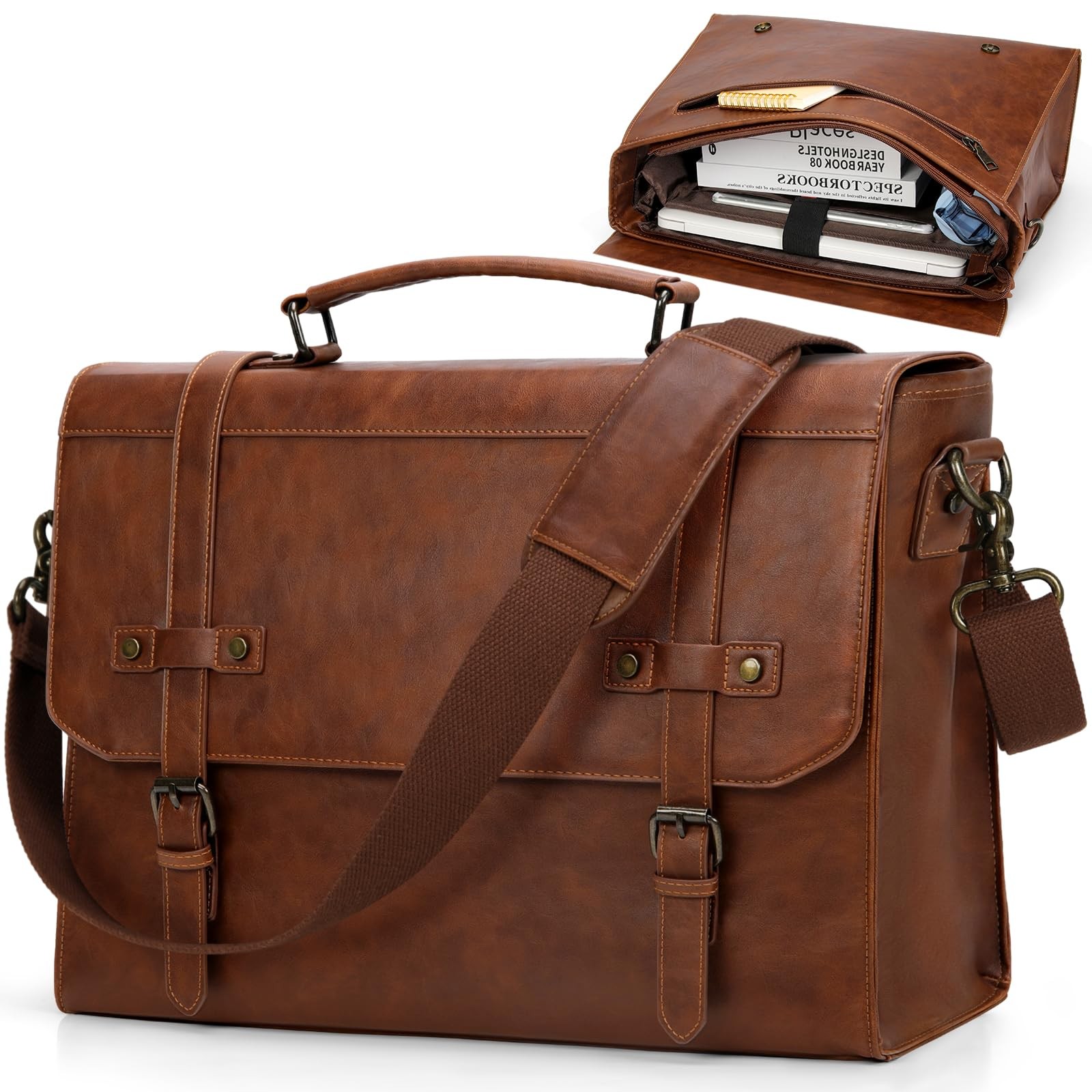 Mens Messenger Bag 17 inch Waterproof Vintage Leather Laptop Briefcase Brown