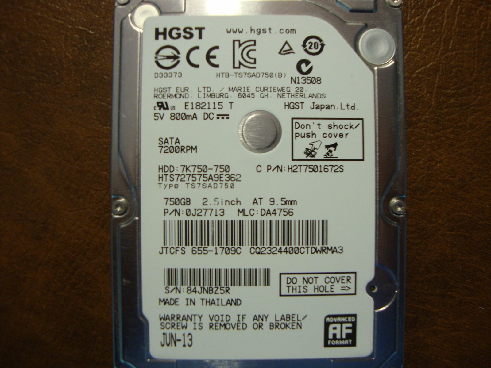 Hitachi HTS727575A9E362 Apple#655-1709C 750gb 2.5 Sata HDD