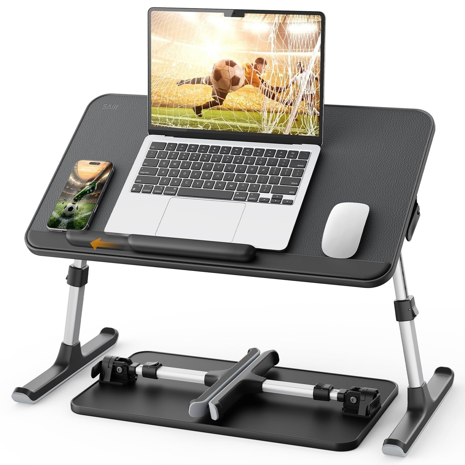 SAIJI Non-Slip Leather Laptop Bed Tray Table,Lap Desk with Laptop Stopper Black