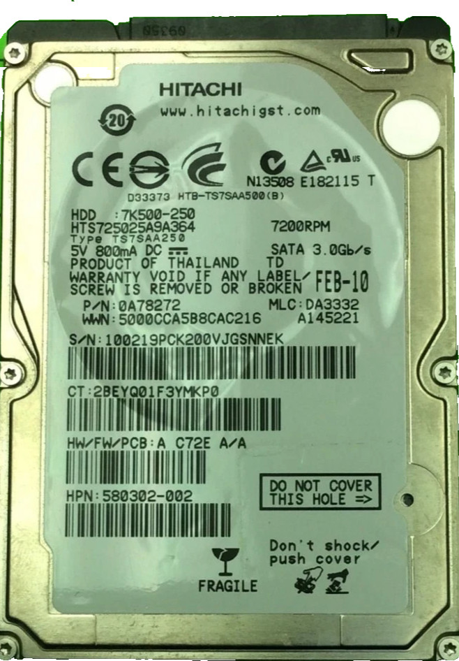 Laptop Computer Hitachi HTS725025A9A364 7K500-250 250GB SATA Hard Disk Drive