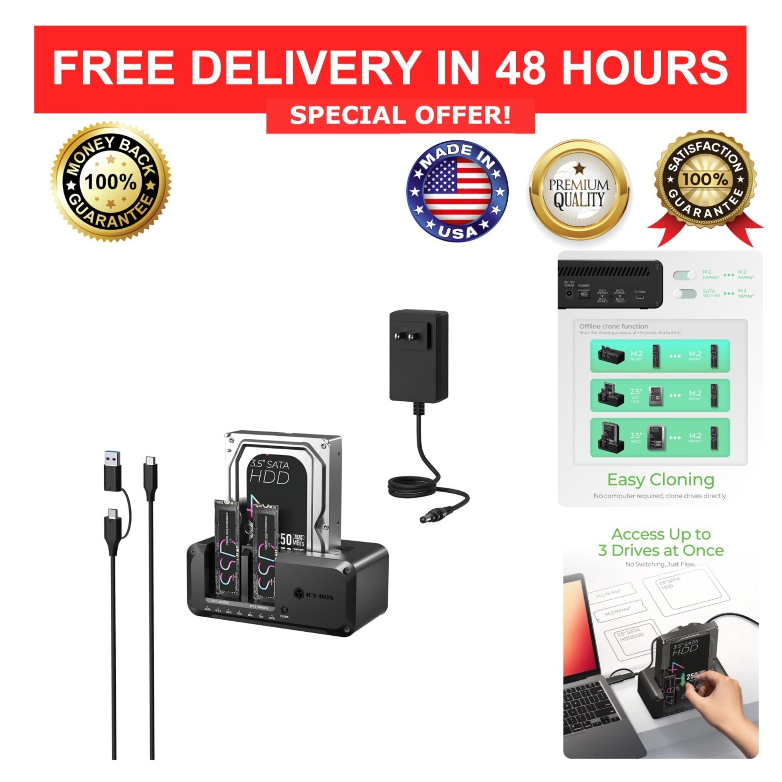 ICY BOX M.2 NVMe & SATA SSD/HDD Docking Station USB-C 10Gbps Triple-Bay Cloner