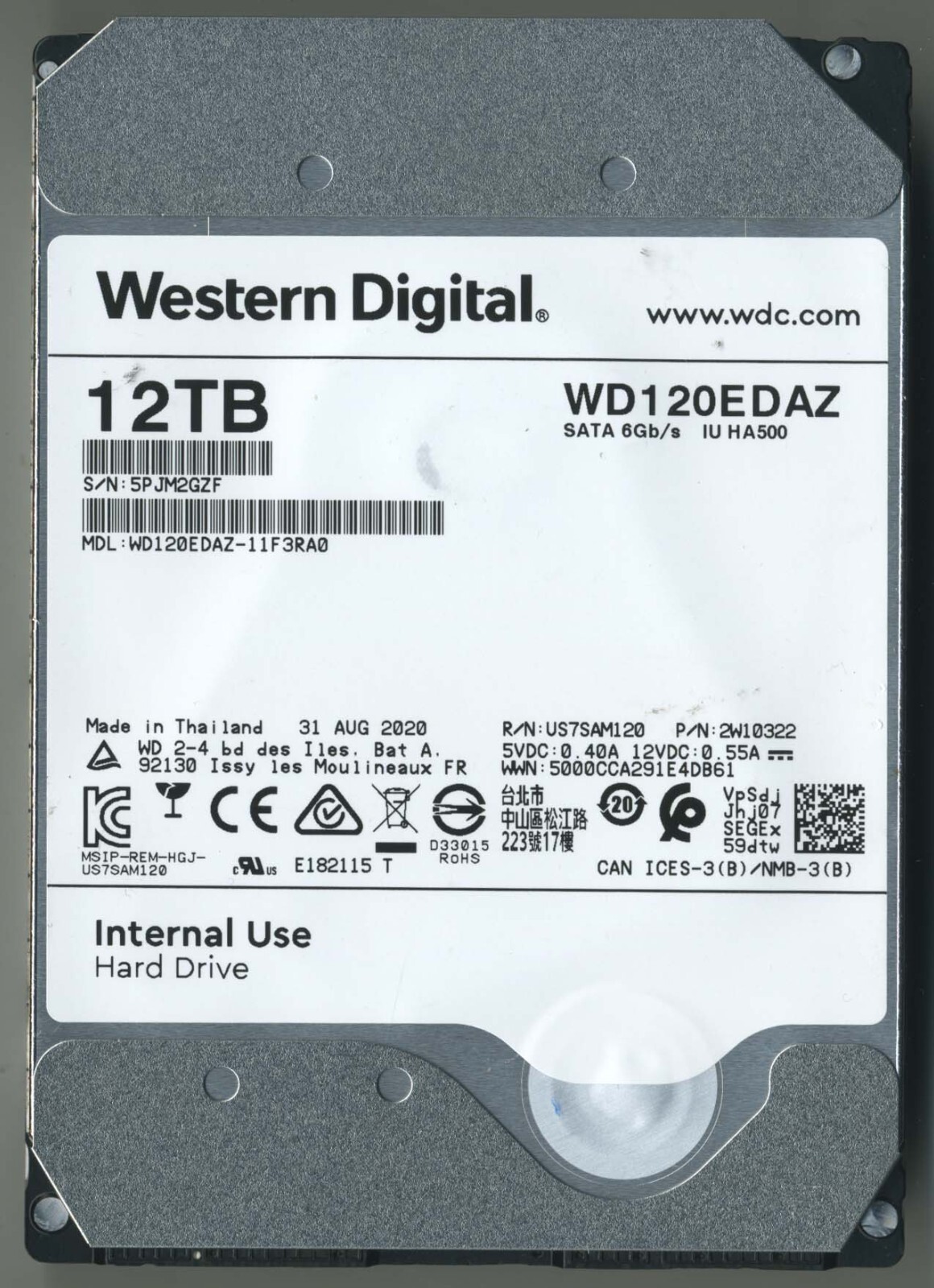 Western Digital WD120EDAZ-11F3RA0 12TB PN:2W10322 US7SAM120 hard drive IU HA500