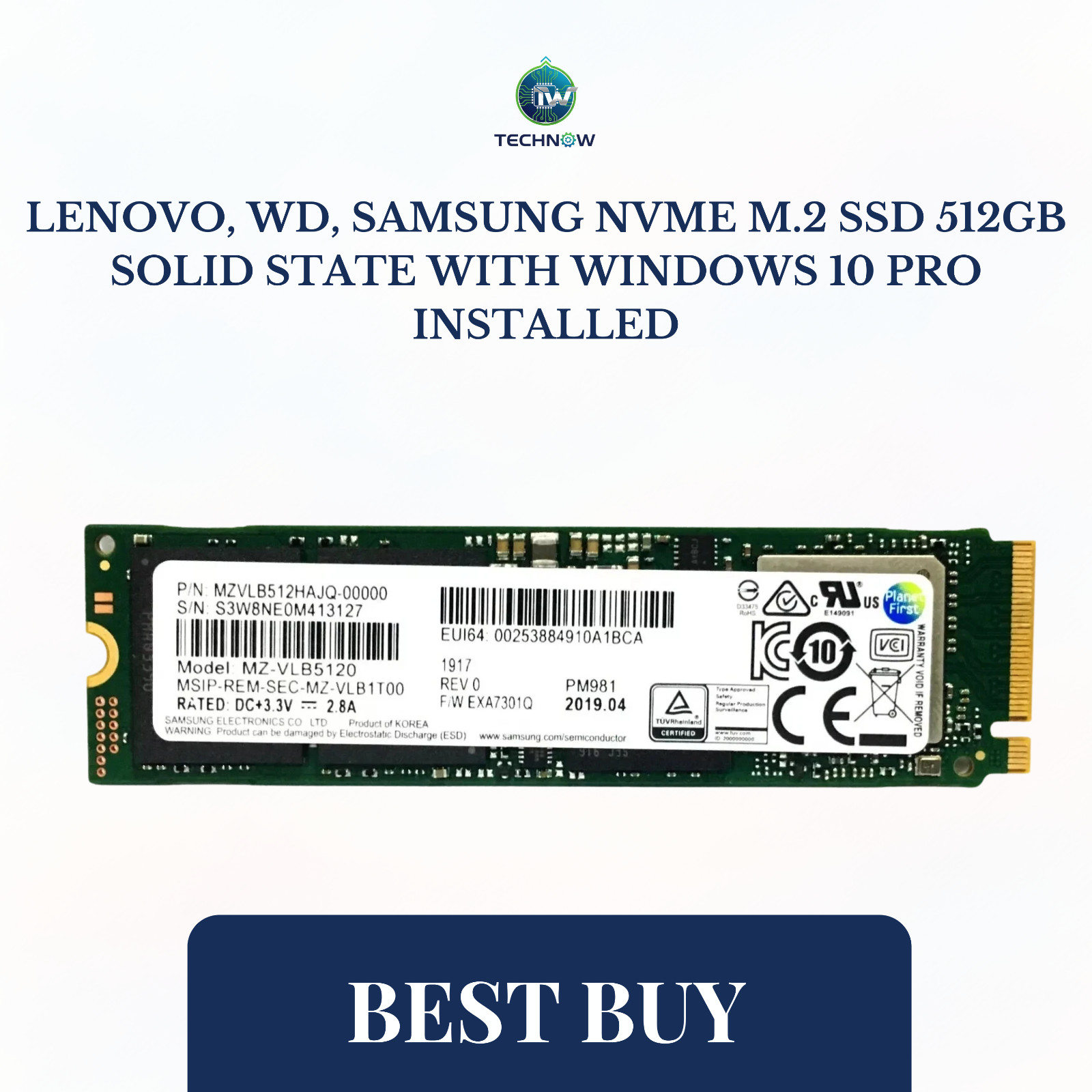 Lenovo, WD, Samsung NVMe M.2 SSD 512GB Solid State with Windows 10 Pro Installed