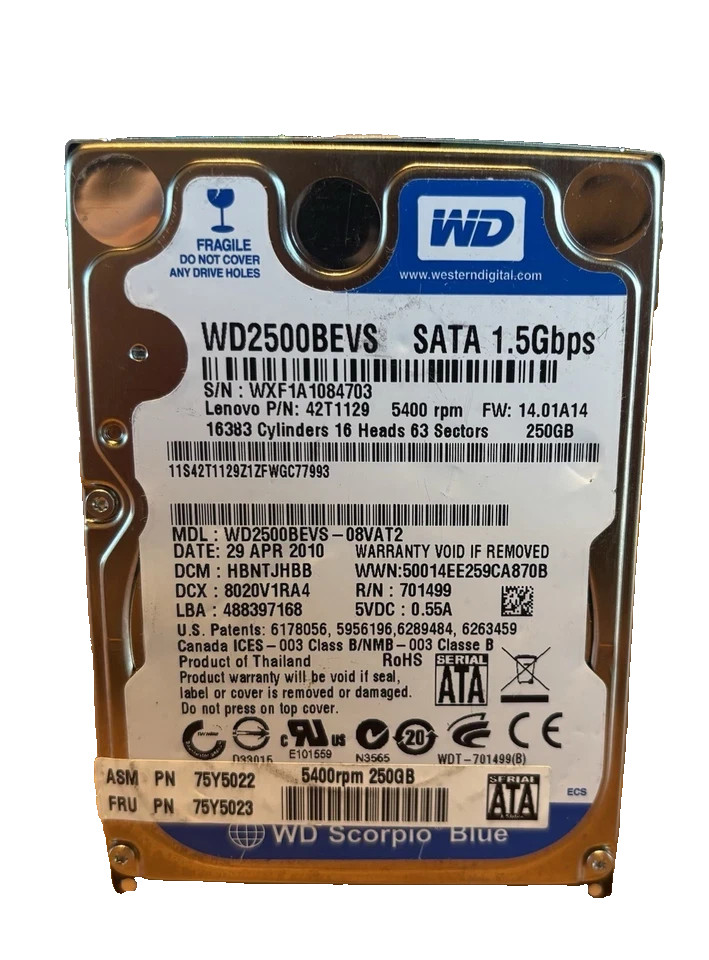 Western Digital WD SCORPIO WD2500BEVS-22UST0 250GB SATA 2.5" Hard Drive 5400 RPM