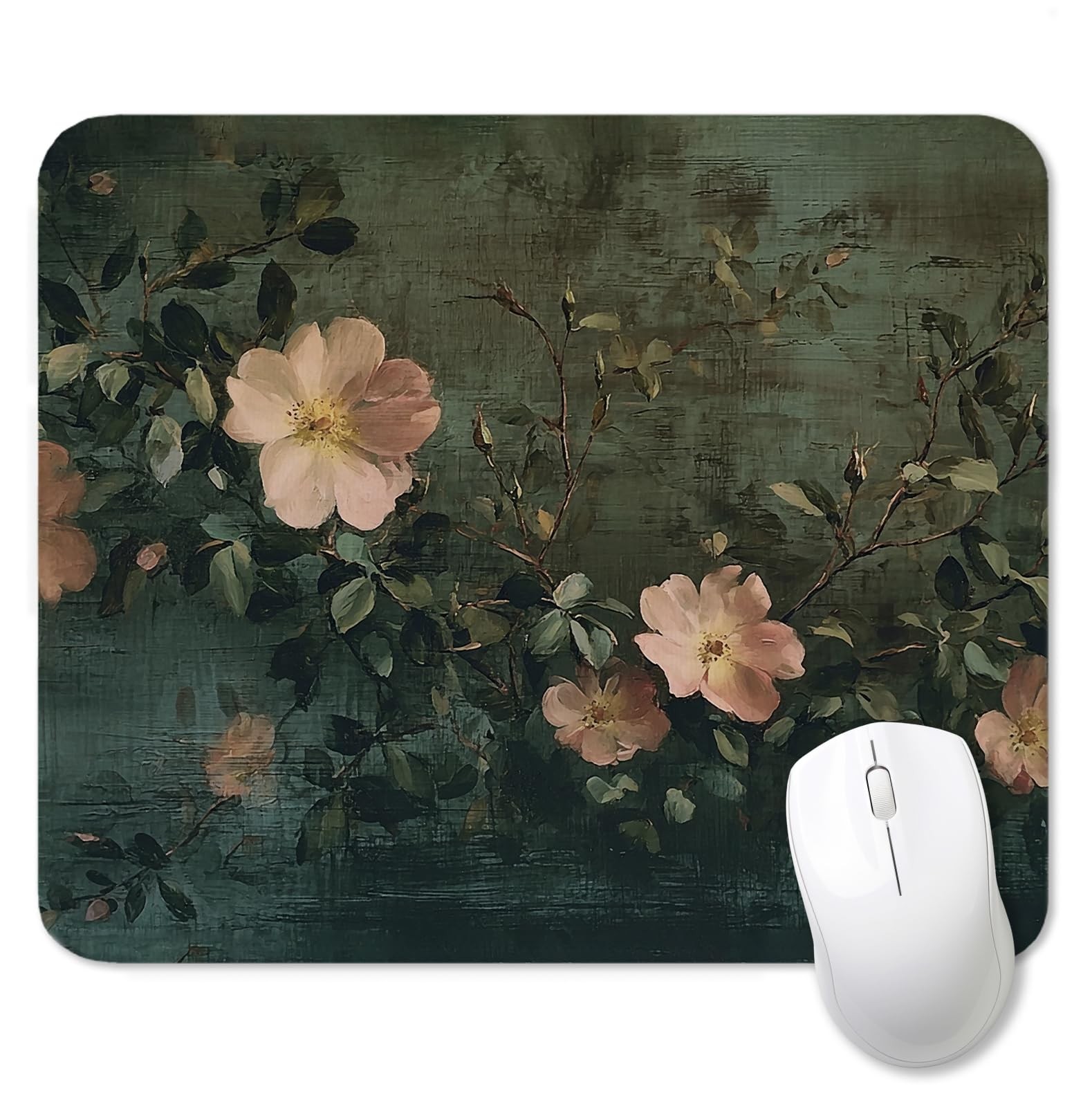 PQKIY Vintage Dark Green Floral Mouse Pad, Rustic Moody Peach Flower Botanica...
