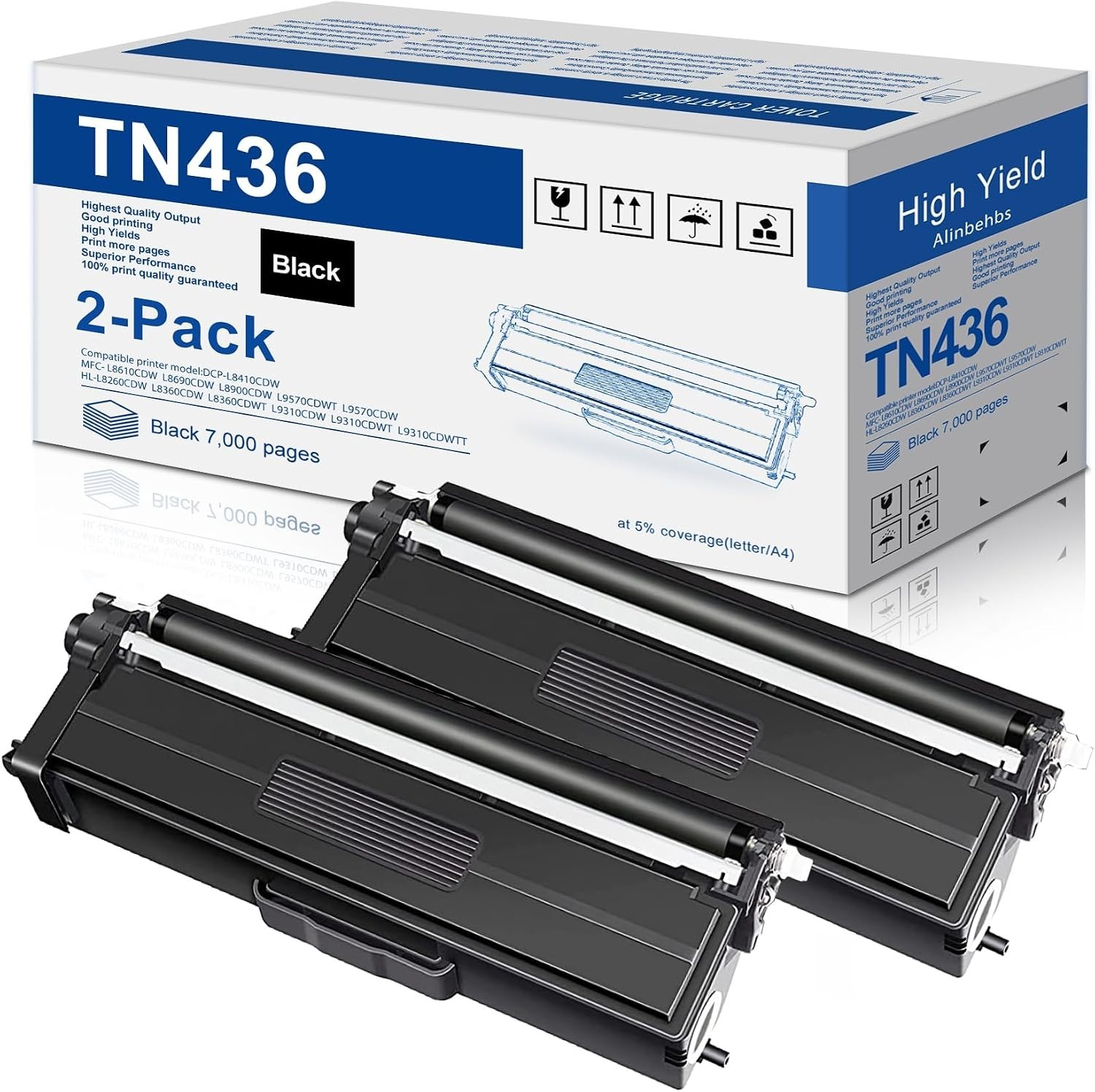 TN436 Toner Cartridges Black Brother HL-8260cdw 2-Piece Compatible
