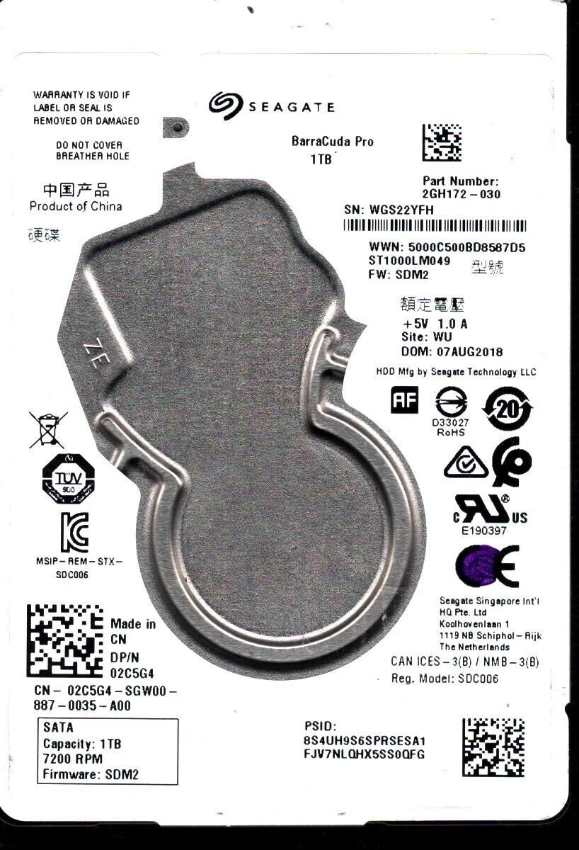 ST1000LM049 P/N: 2GH172-030 F/W: SDM2 S/N: WGS2 WU 1TB AUG 2018 CHINA SEAGATE