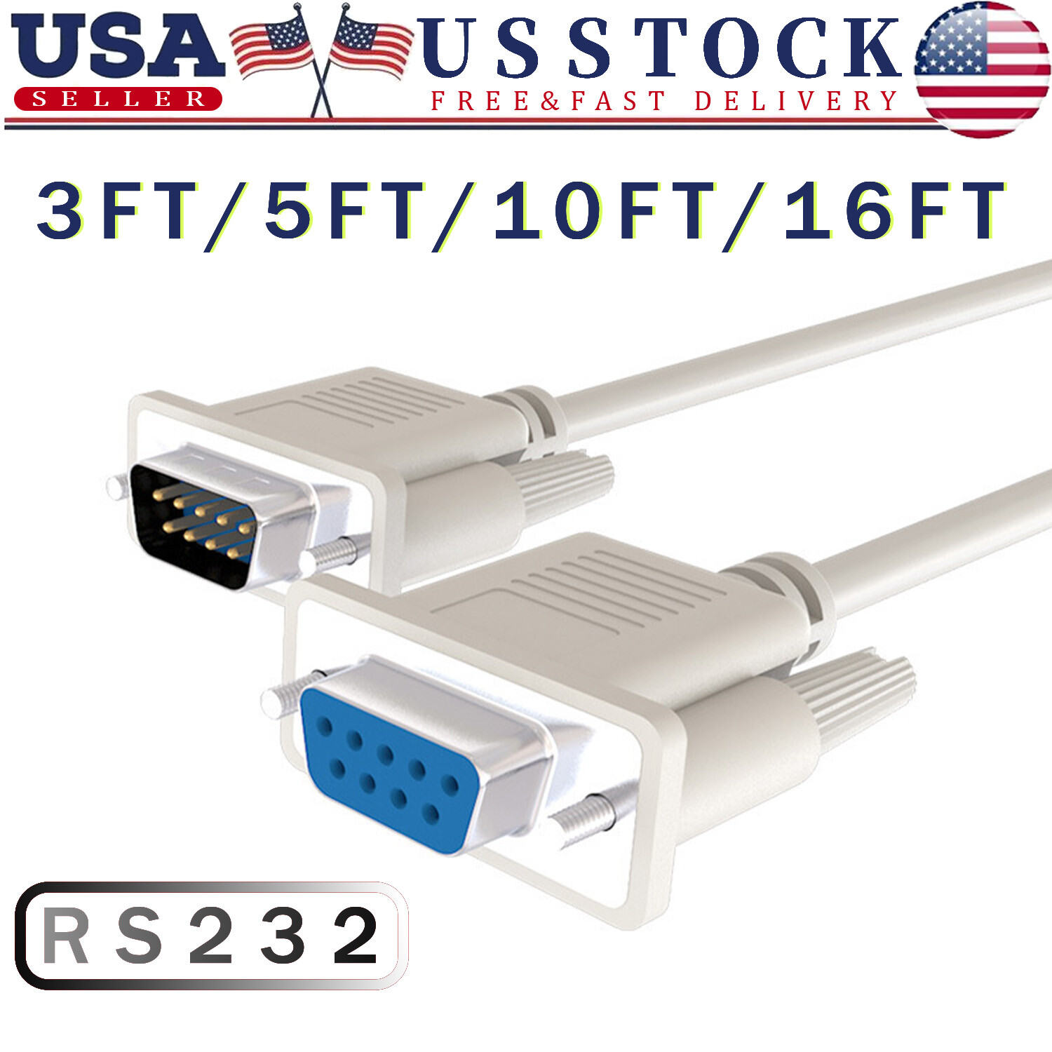 DB9 RS232 Male to Female Serial Port Extension Cable Cord 3FT,5FT,10FT,16FT