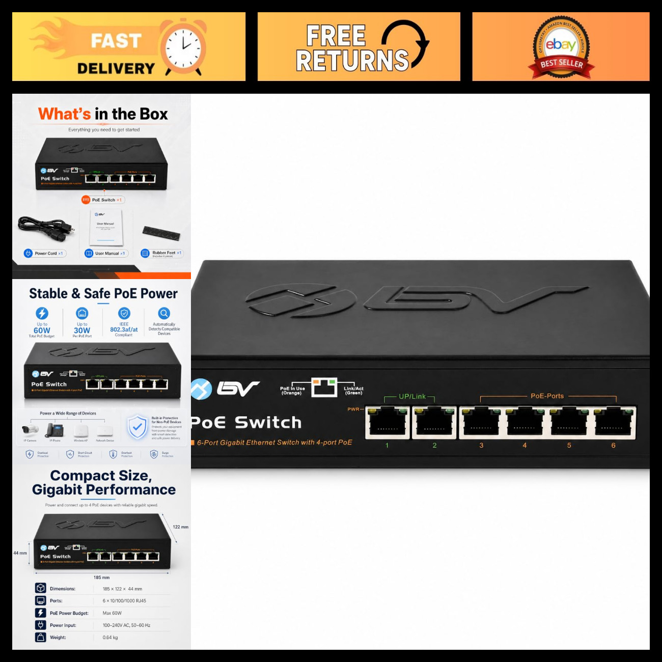 Gigabit 6-Port PoE+ Switch, 4 PoE+ Ports, 2 Uplink, 1000Mbps, 60W Power Supply