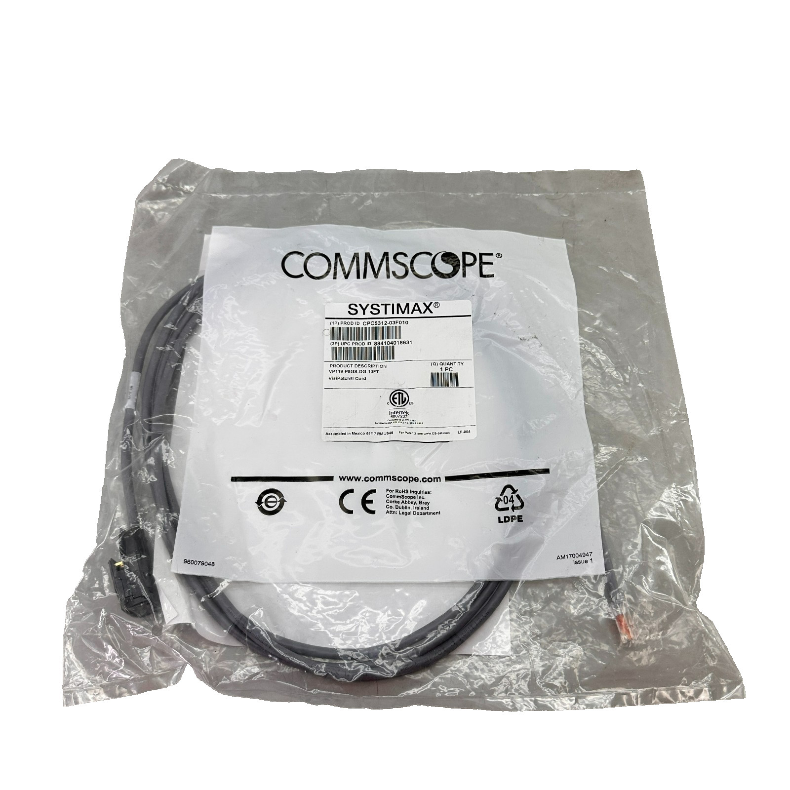 CommScope Systimax VisiPatch 360 Cord VP119-P8GS-DG-10FT 10ft Grey RJ45 to VP119
