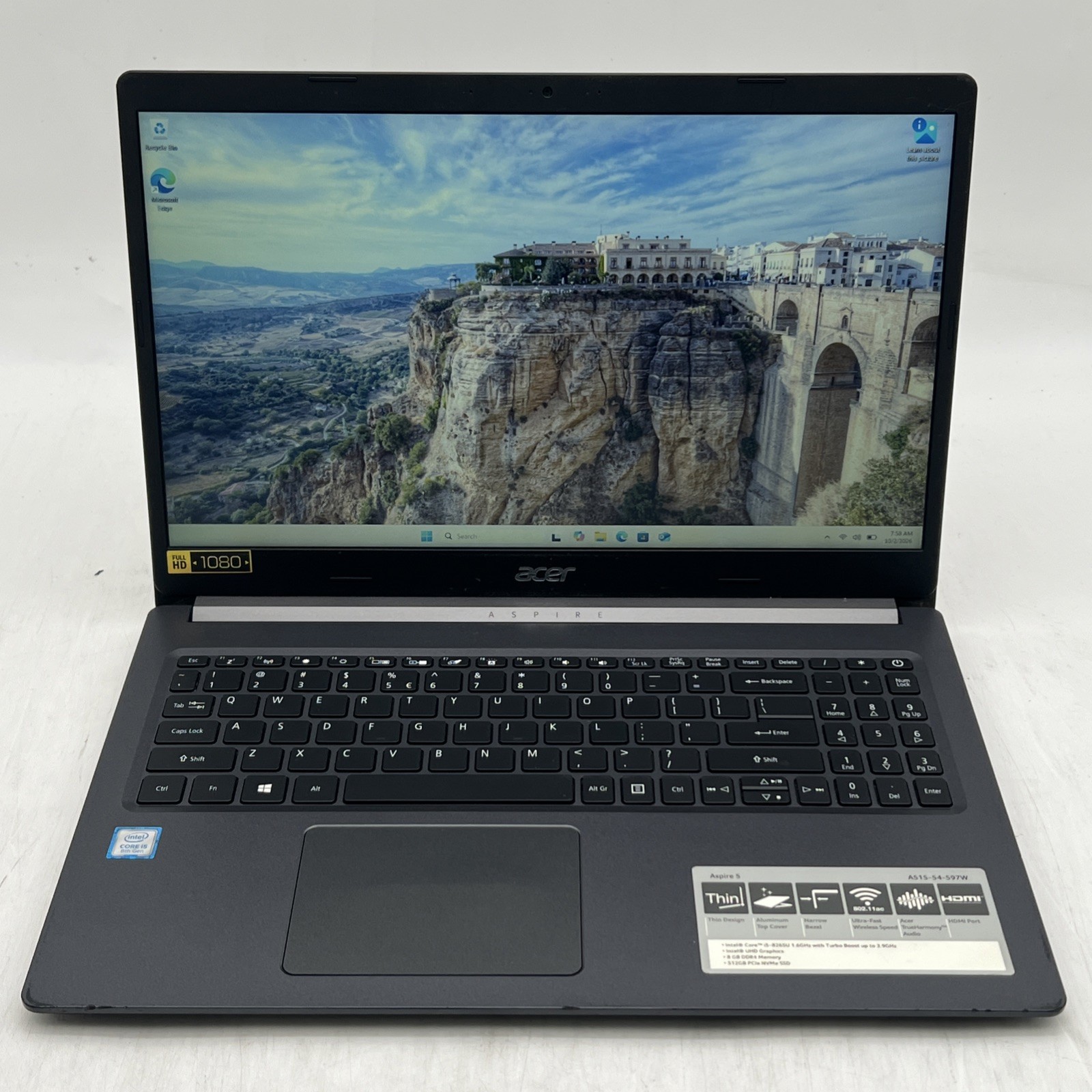 Acer Aspire A515-54 Laptop 15.5" FHD i5 8265U 1.6GHz 8GB RAM 512GB NVMe Win11H