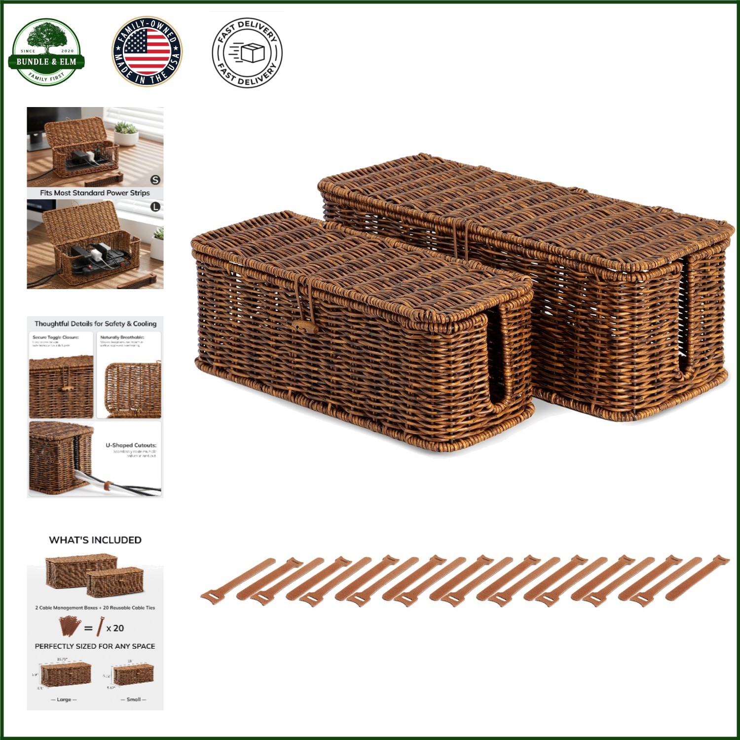 Cable Management Box with Lid, Set of 2, Rustic Brown Indoor Organizer