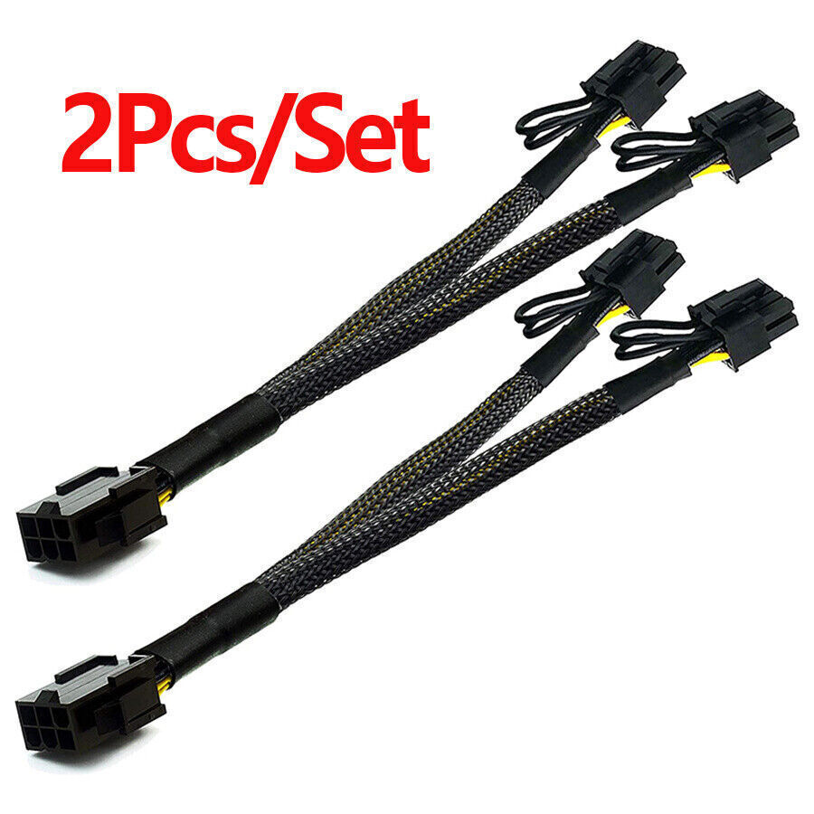 2Pcs PCIE 6Pin to 2X 8 pin (6+2) PCI-E Cable Splitter 18AWG Black Sleeved Cord